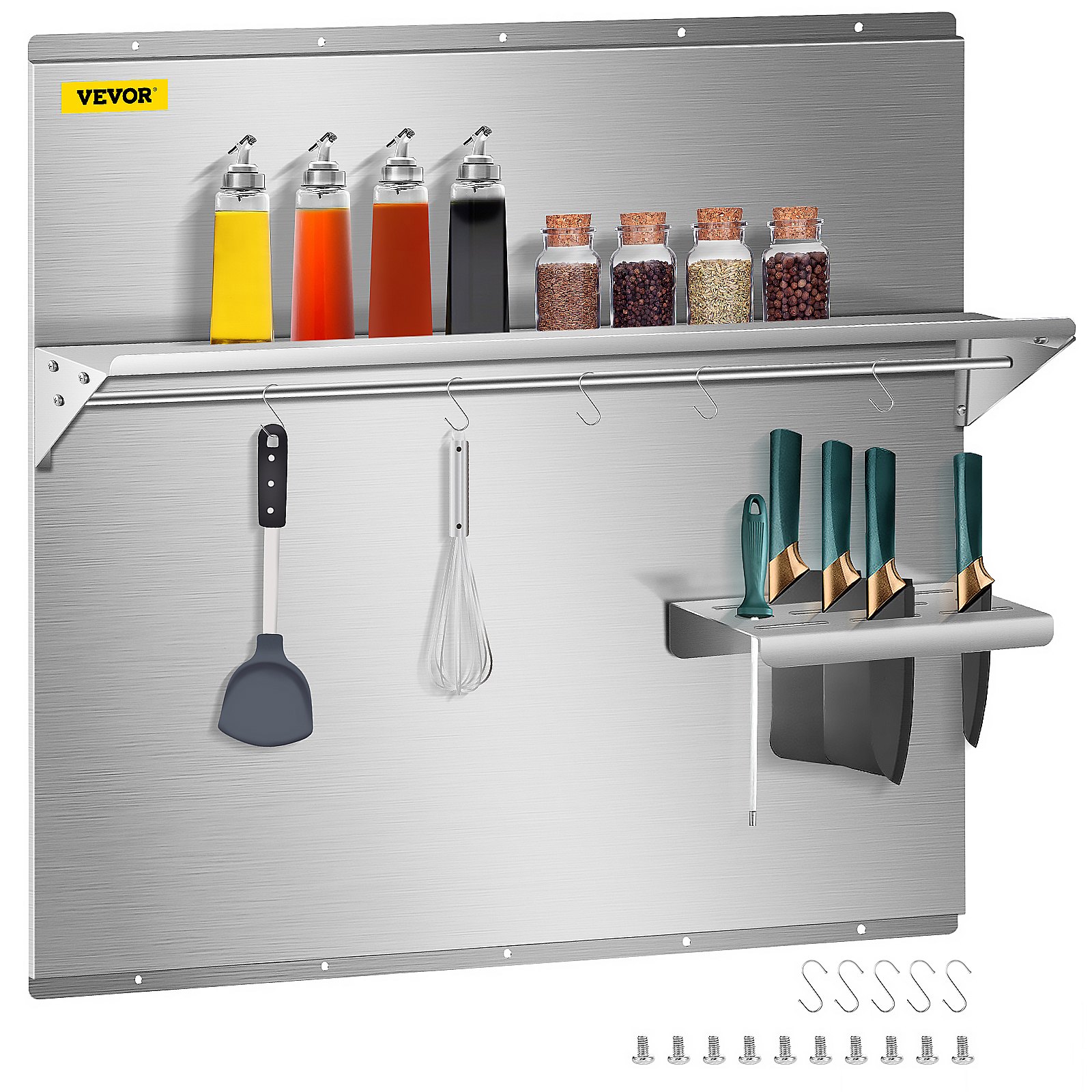 Protector contra salpicaduras de acero inoxidable VEVOR con estante de 36 x 30,7 pulgadas, protector de pared para campana extractora, placa plateada para salpicaduras de acero inoxidable con estante de almacenamiento incorporado y estante para colgar.