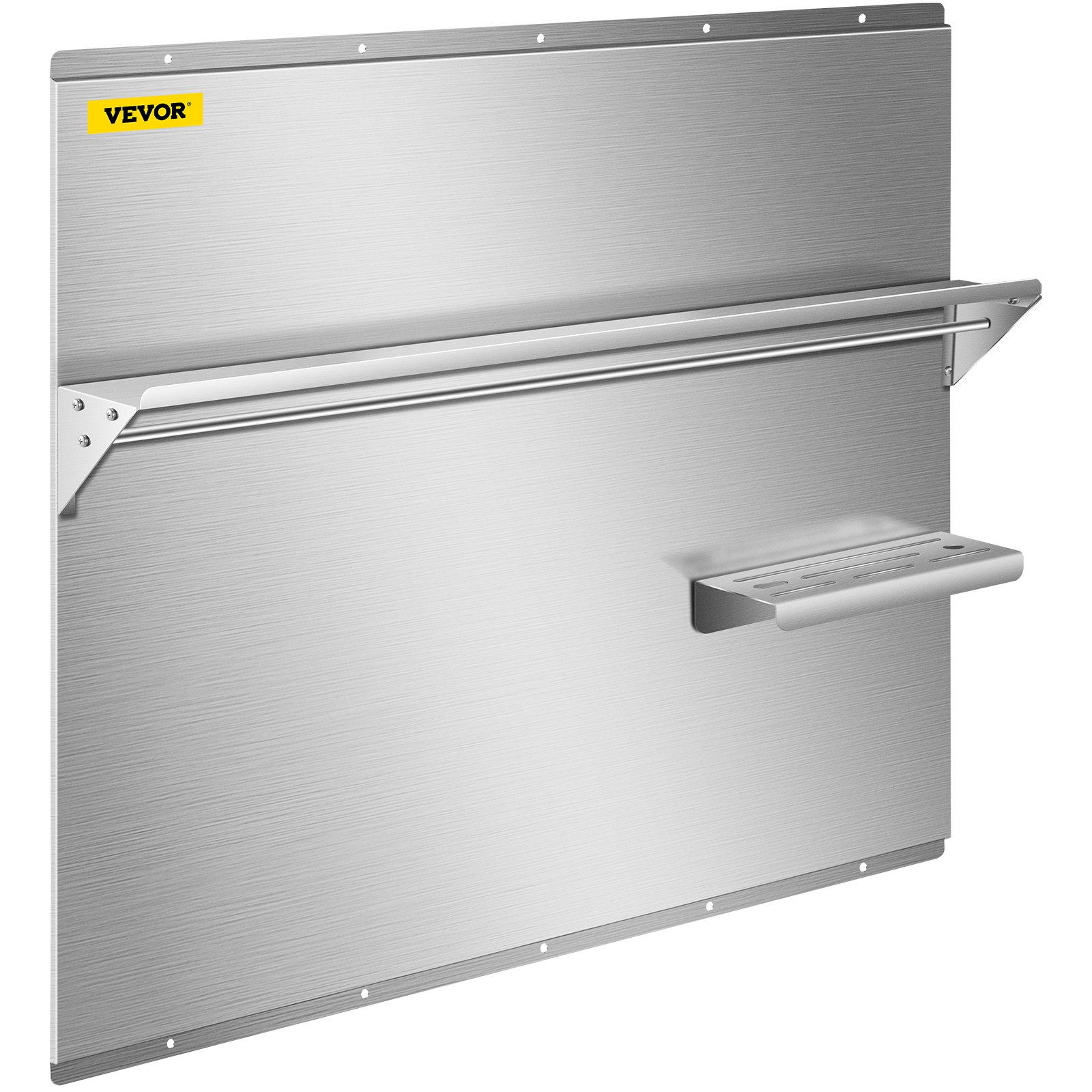Protector contra salpicaduras de acero inoxidable VEVOR con estante de 36 x 30,7 pulgadas, protector de pared para campana extractora, placa plateada para salpicaduras de acero inoxidable con estante de almacenamiento incorporado y estante para colgar.