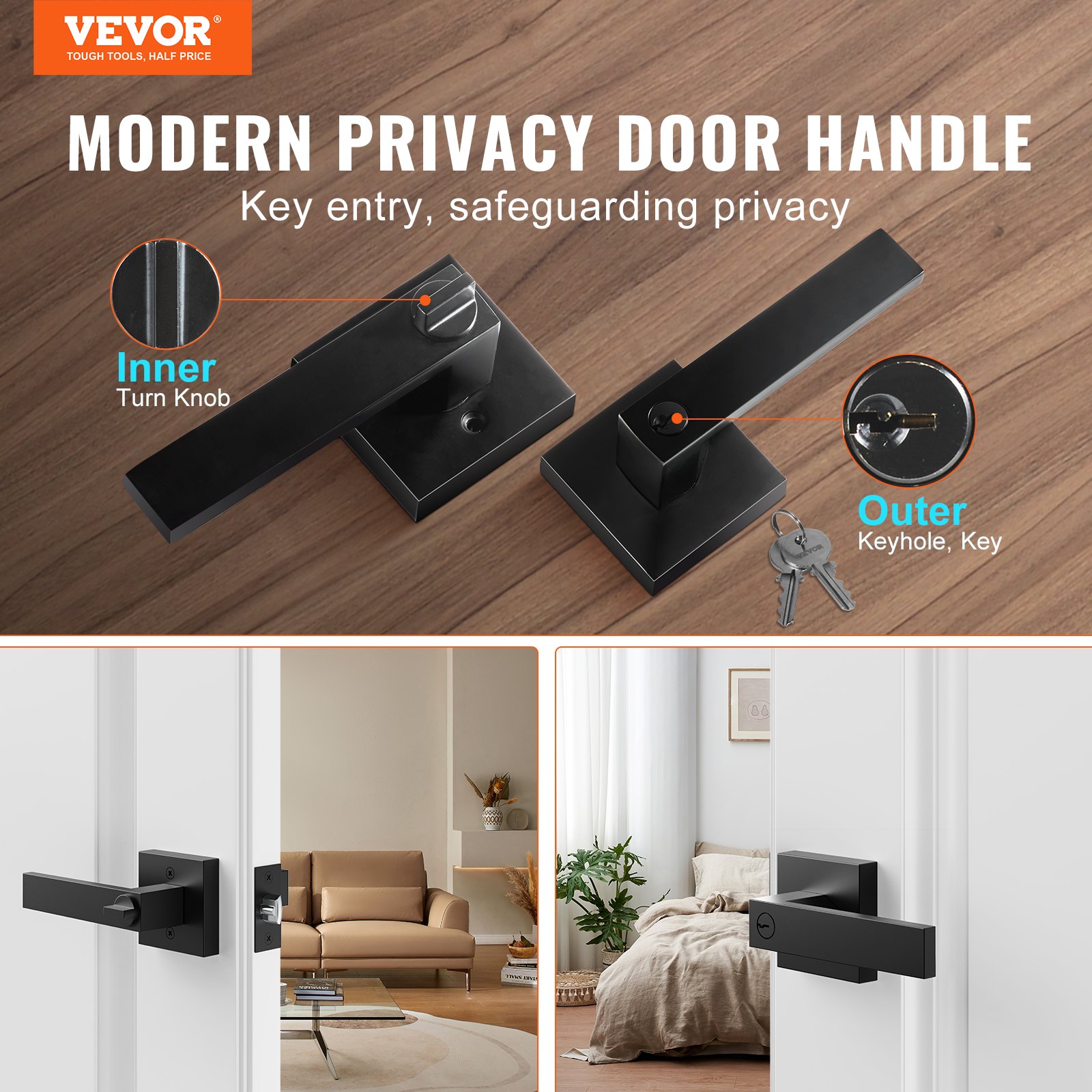 VEVOR entry door handle showing modern privacy design with keyhole and turn knob, enhancing room privacy.