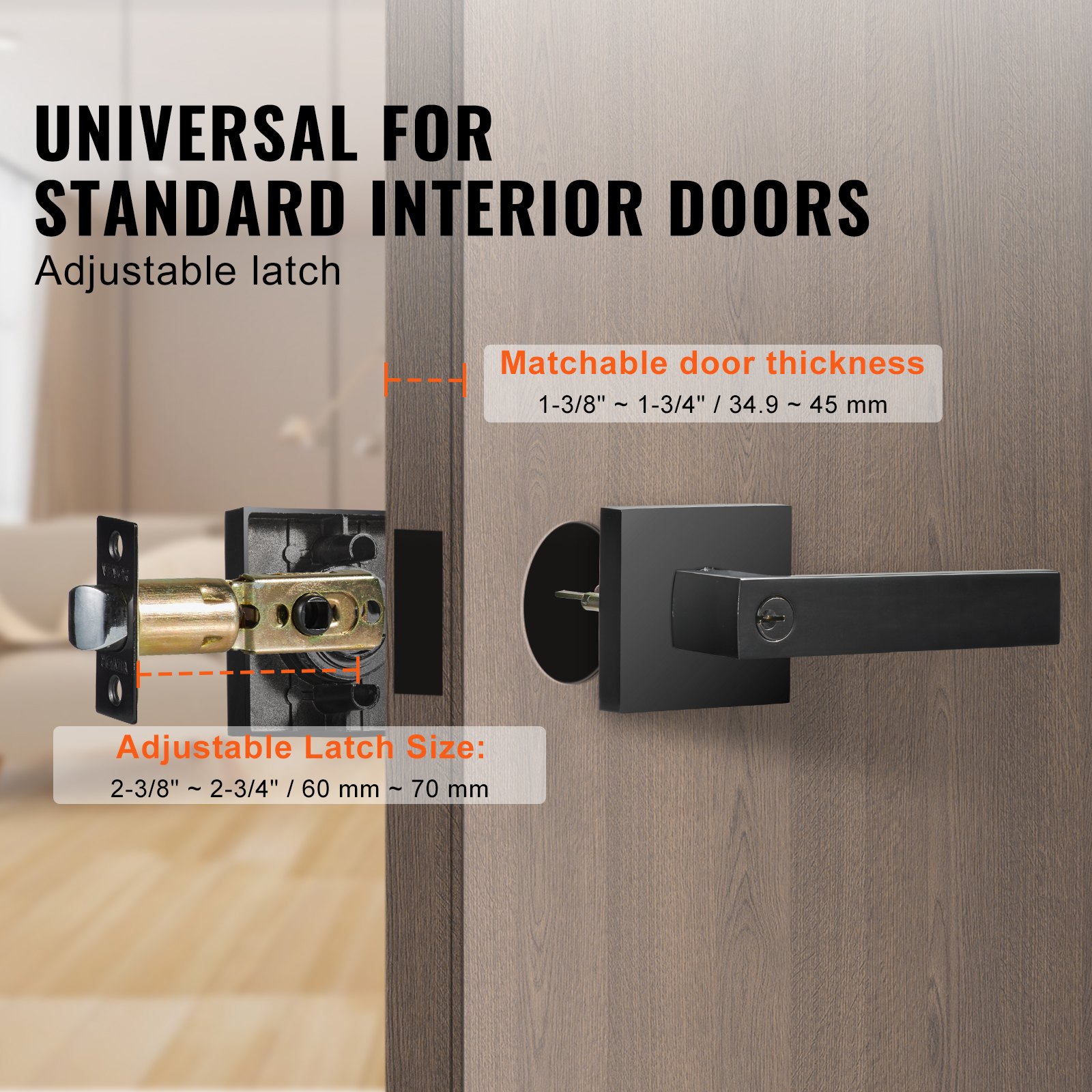 universal VEVOR entry door handle, adjustable latch, and thickness compatibility shown on a wooden door.