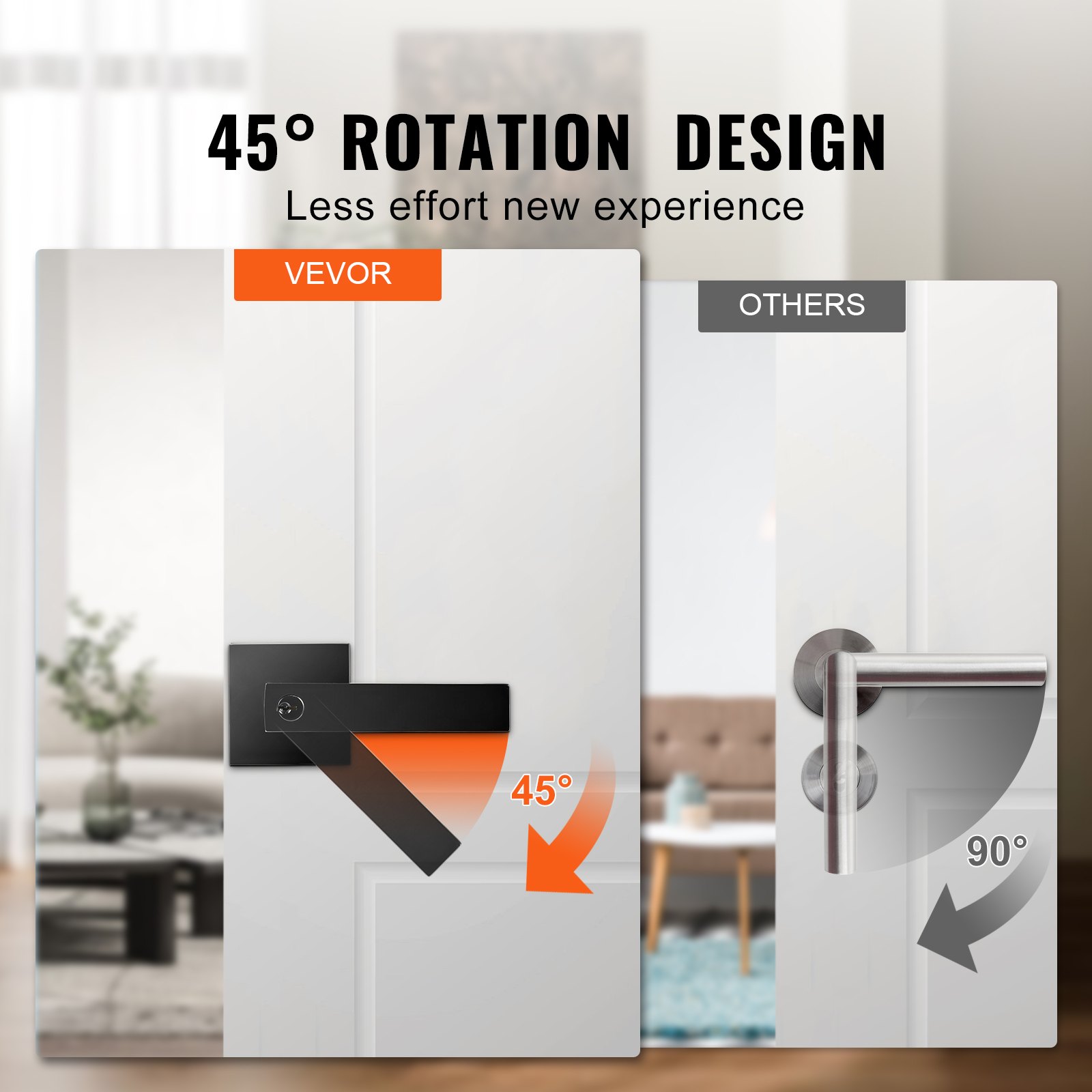 VEVOR entry door handle demonstrating 45-degree rotation versus 90-degree rotation of conventional handles.