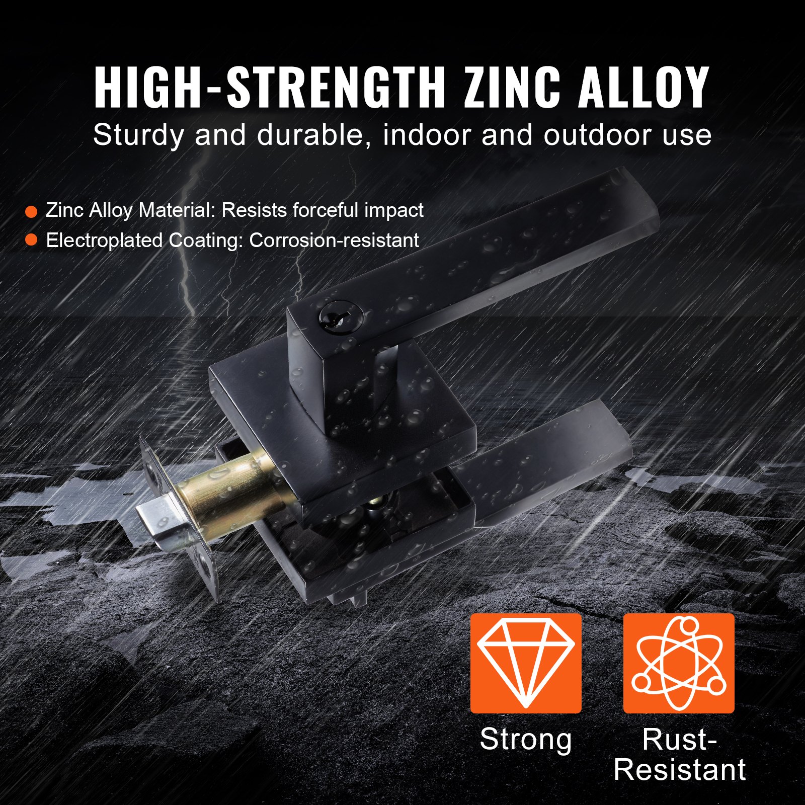 VEVOR entry door handle in high-strength zinc alloy, showcasing durability and rust-resistance in rain.