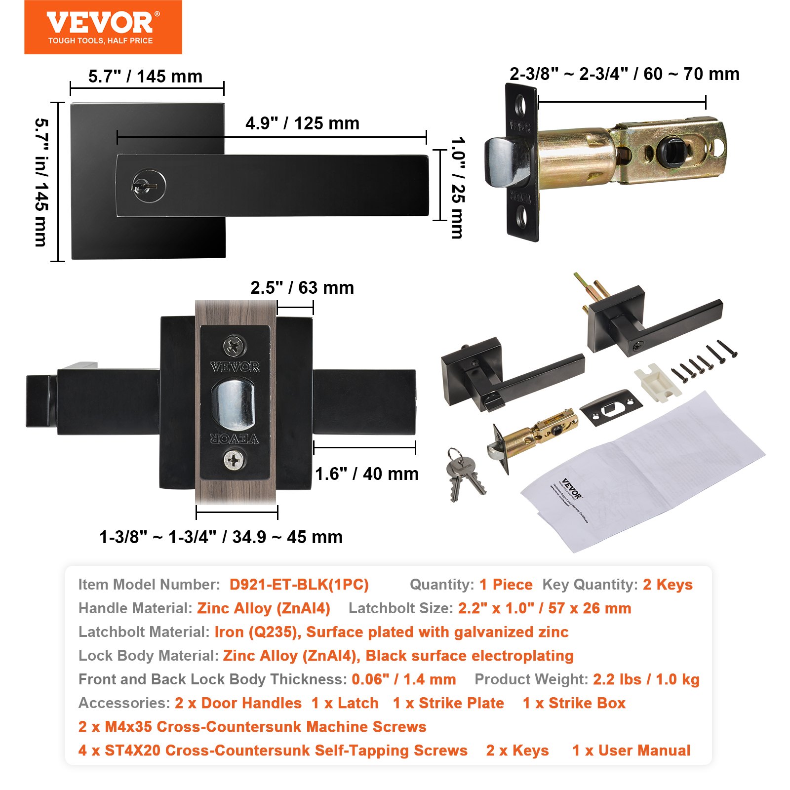 VEVOR entry door handle in zinc alloy, black finish, with dimensions and accessories displayed.