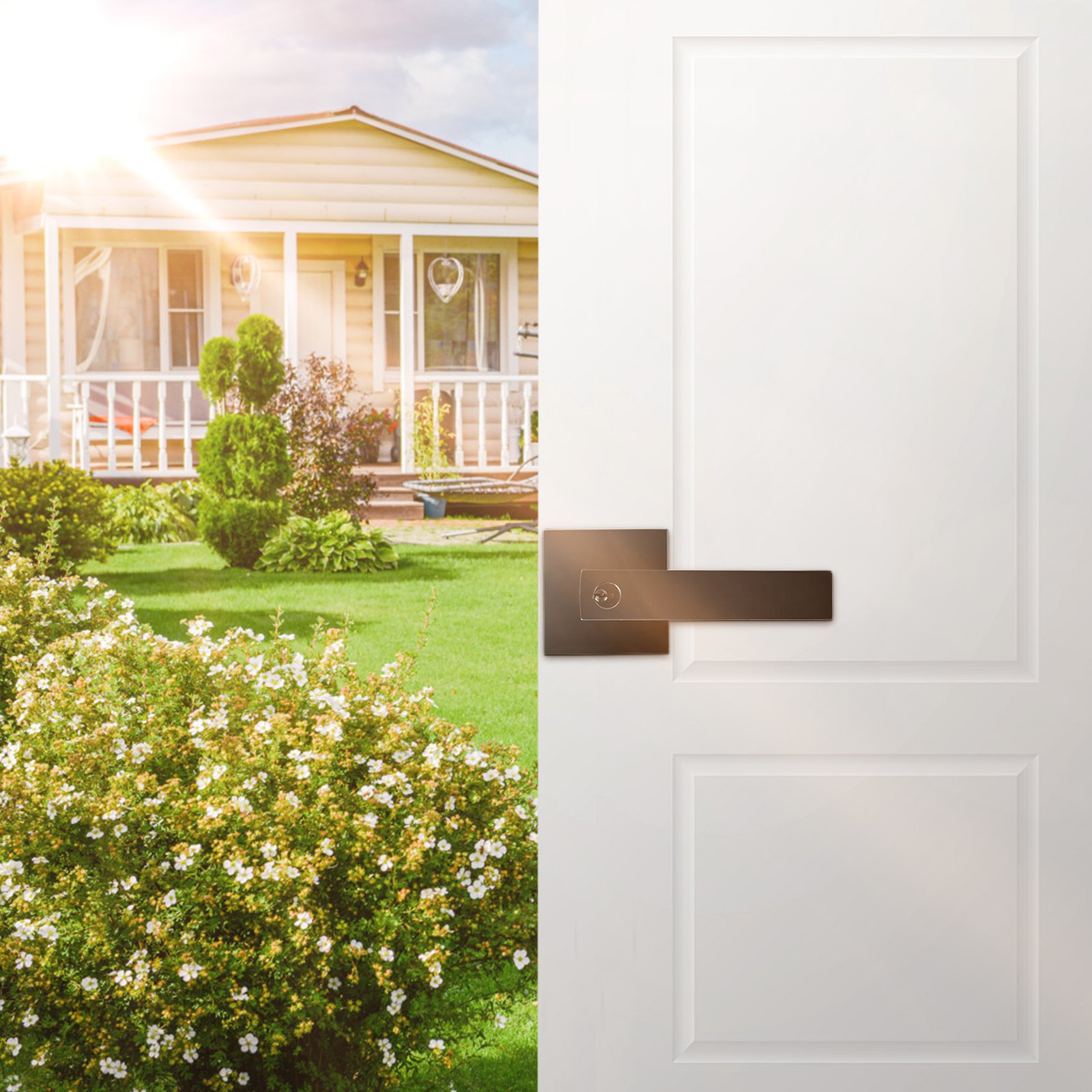 modern VEVOR entry door handle on white door, opening to a sunny garden and charming house.