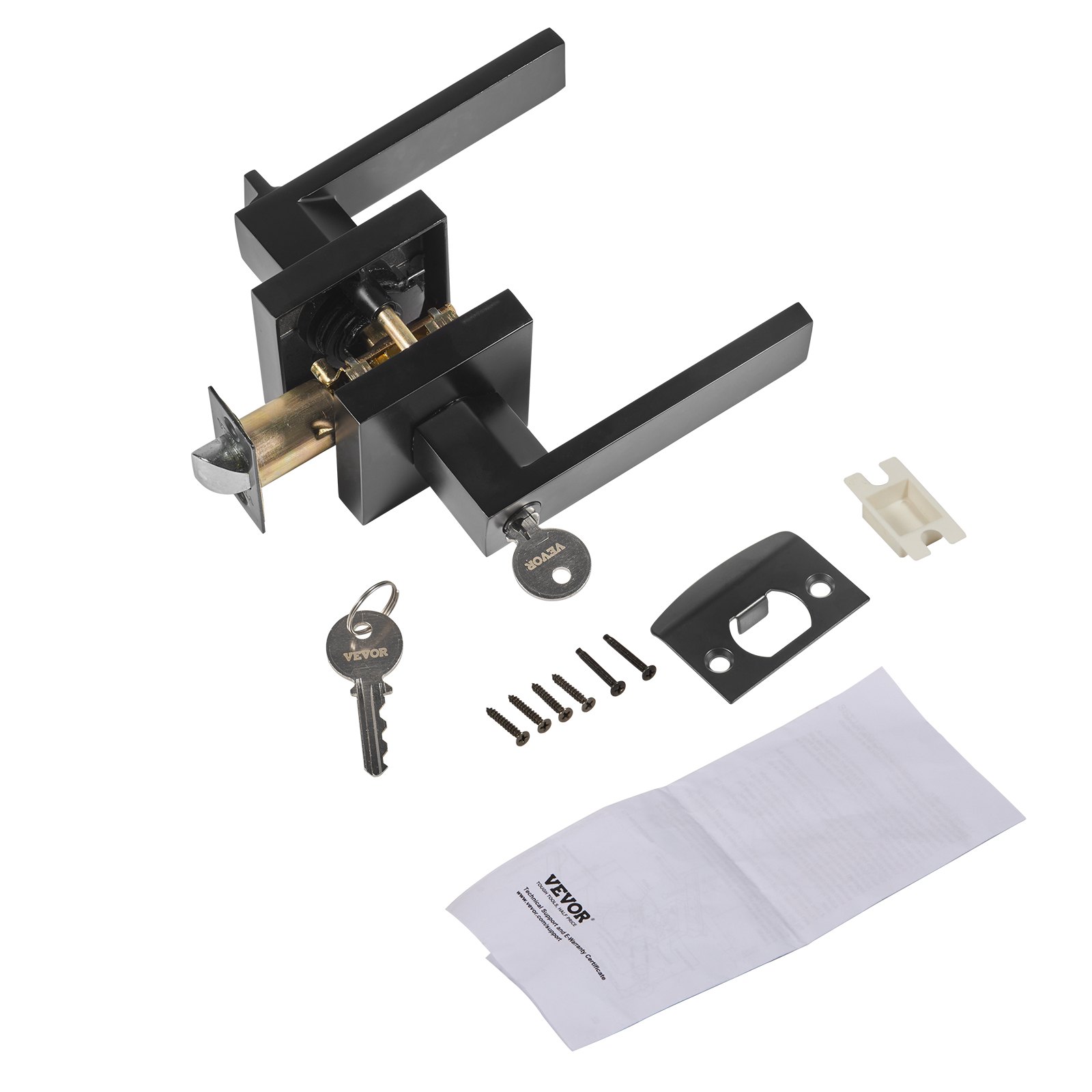 VEVOR entry door handle with keys, screws, and installation guide laid out on a white background.