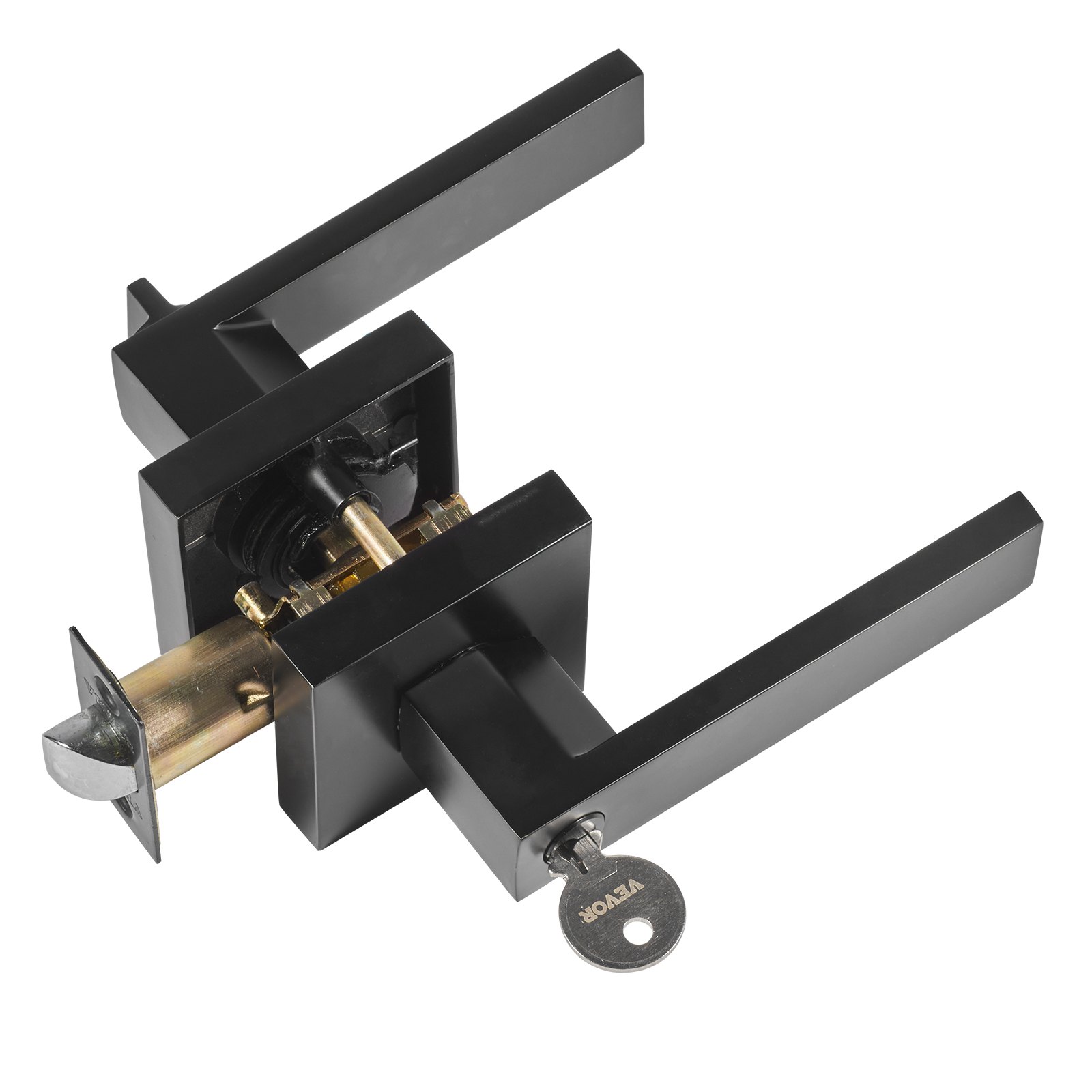 VEVOR entry door handle in matte black finish with square design, showcasing cylindrical lock and key.