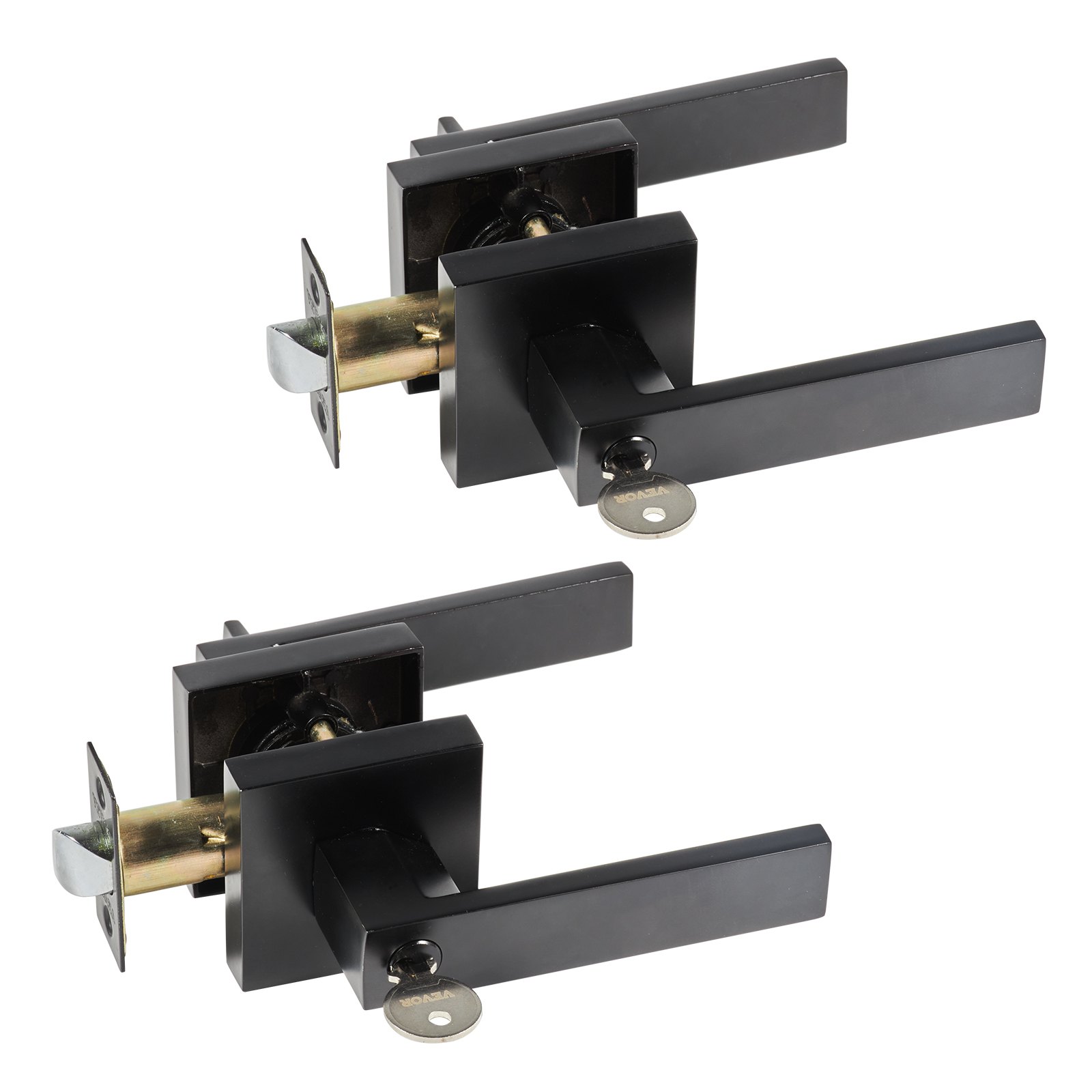 black VEVOR entry lever door handle with key, modern rectangular design, brass latch mechanism.