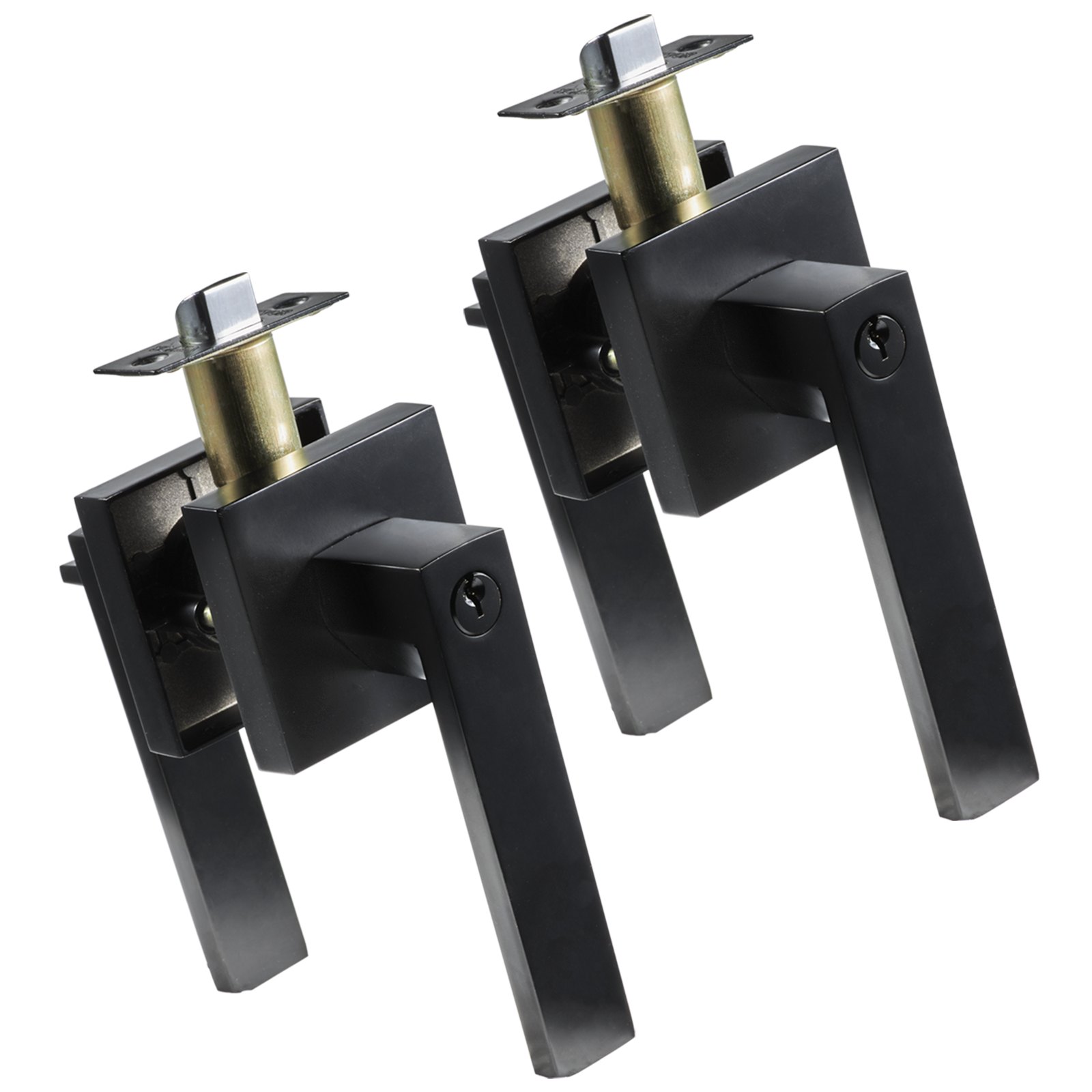 black VEVOR entry lever door handles with brass latch mechanism, showing two handles side by side.