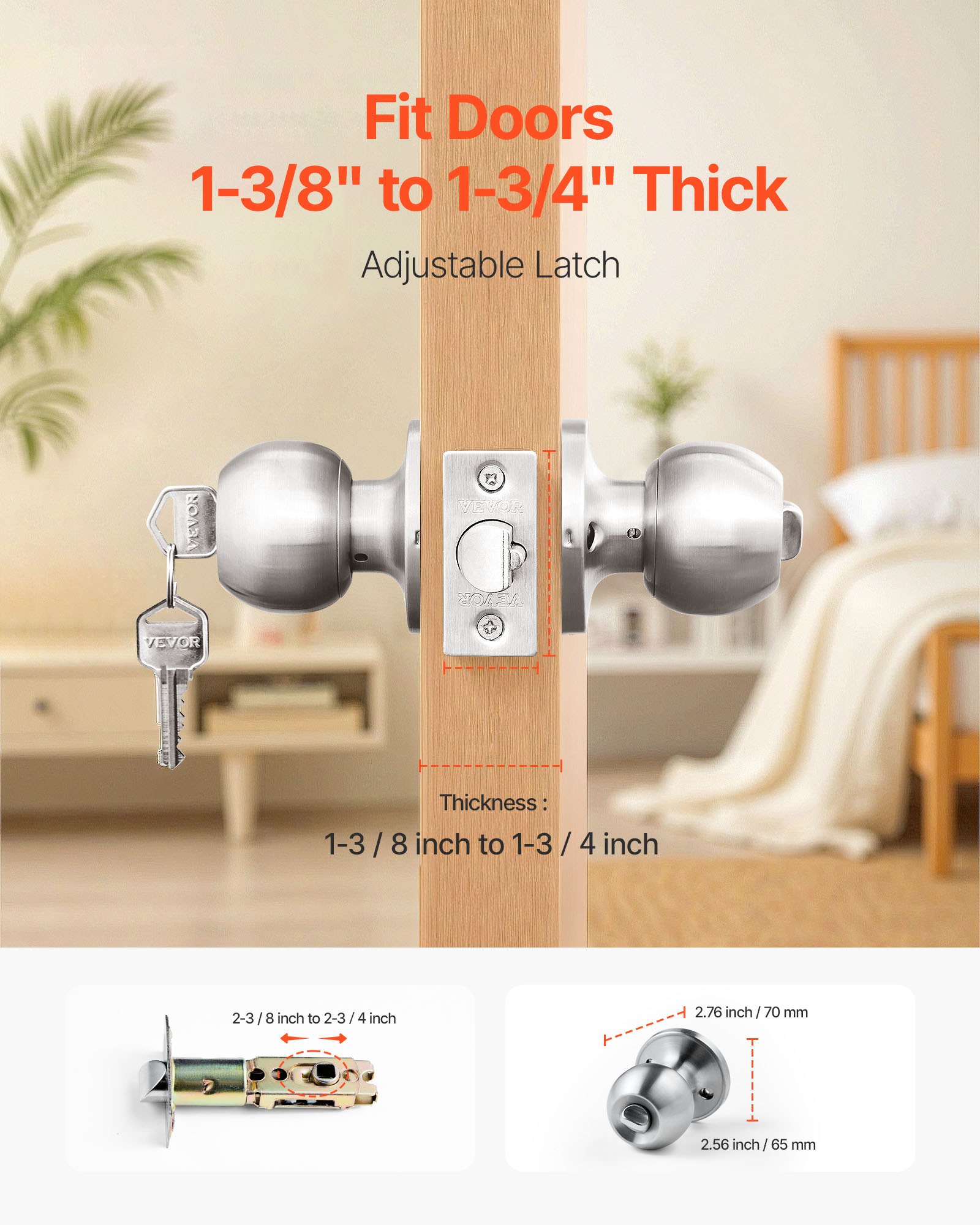 VEVOR Keyed Entry Door Knob, Satin Nickel Door Knob with Round Ball, Keyed Exterior & Thumb Turn Lock Interior, All Metal Doorknobs Hardware with Lock and Keys, Modern Design for Bedroom & Bathroom