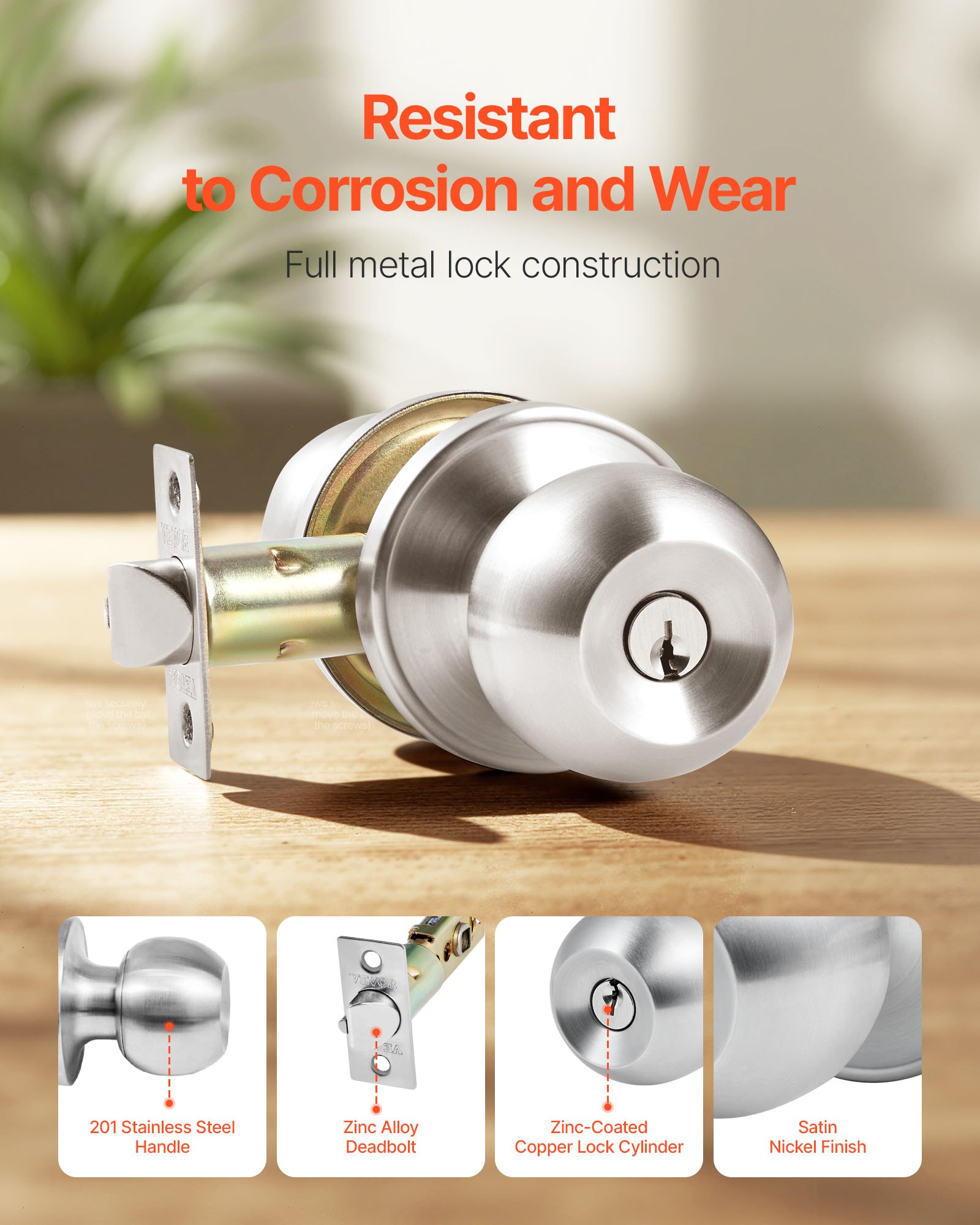 VEVOR Keyed Entry Door Knob, Satin Nickel Door Knob with Round Ball, Keyed Exterior & Thumb Turn Lock Interior, All Metal Doorknobs Hardware with Lock and Keys, Modern Design for Bedroom & Bathroom