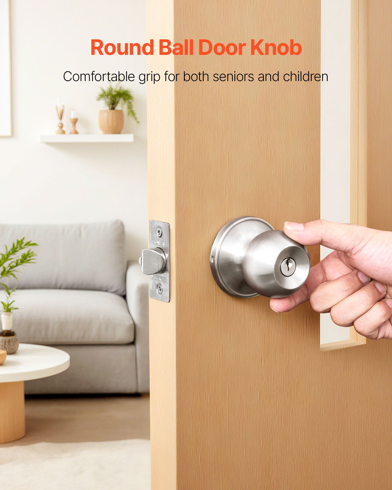VEVOR Keyed Entry Door Knob, Satin Nickel Door Knob with Round Ball, Keyed Exterior & Thumb Turn Lock Interior, All Metal Doorknobs Hardware with Lock and Keys, Modern Design for Bedroom & Bathroom