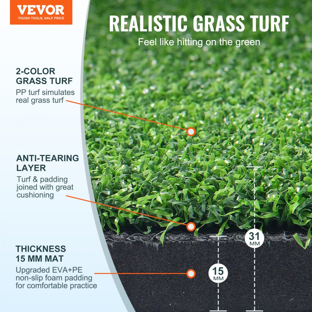 VEVOR Golf Hitting Mat, 5x4ft Artificial Turf Golf Hitting Mat, Thickened Golf Hitting Aids with 10 Golf Balls, 9 Golf Tees, Golf Practice Hitting Mat for Backyard Driving Indoor Outdoor Training