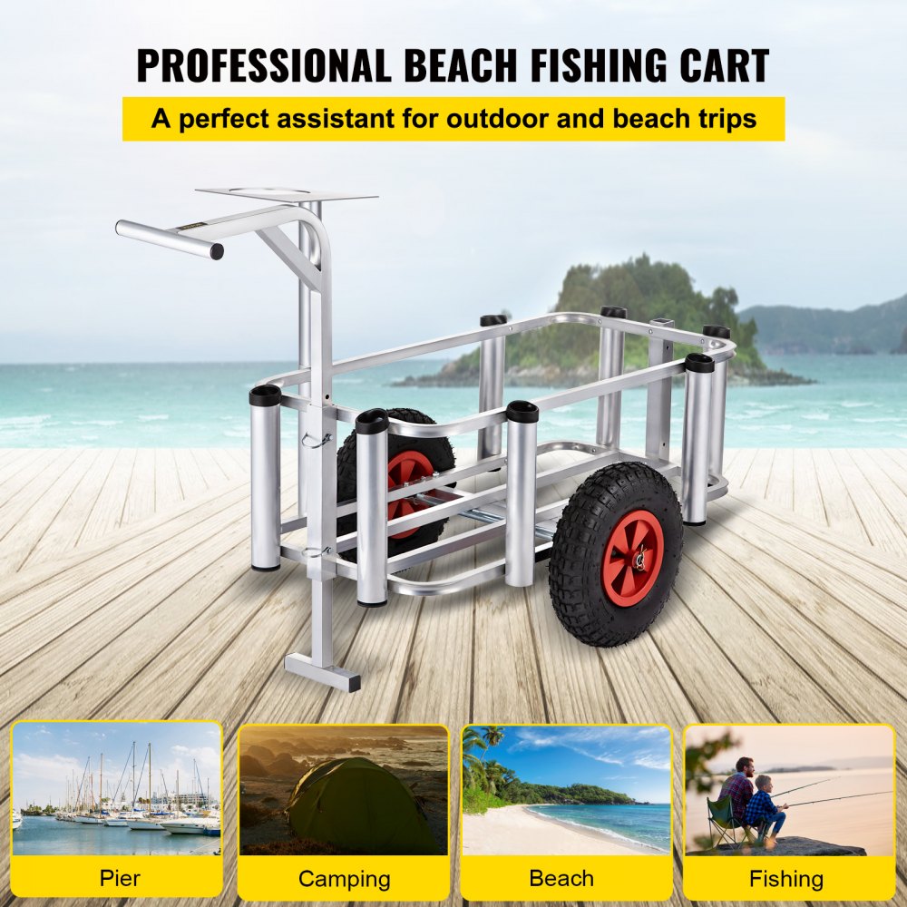 VEVOR Beach Fishing Cart, 500 lbs Load Capacity, Fish and Marine Cart with  Four 13 Big Wheels PU Balloon Tires for Sand, Heavy-Duty Aluminum Pier