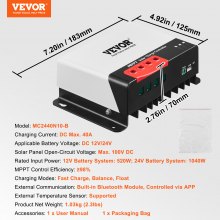 VEVOR Controlador de carga solar MPPT de 40 A, entrada automática de CC de 12 V/24 V, cargador regulador de panel solar con módulo Bluetooth, 98 % de eficiencia de carga para carga de batería sellada (AGM), gel, inundada y de litio