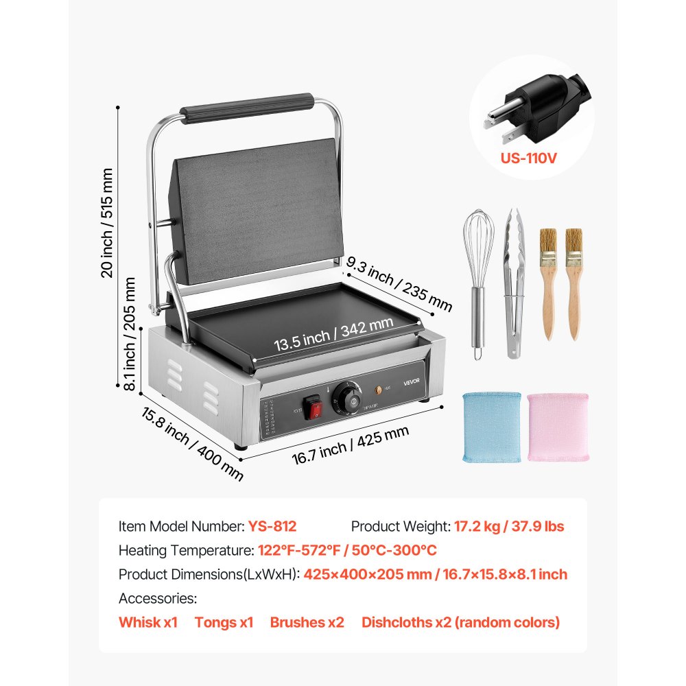 VEVOR Commercial Panini Grill, 1800W Electric Sandwich Panini Maker, Stainless Steel Sandwichs Press Grill with Handle and Temp Control, 13.5x9.3 in Full Flat Enamel Plate, for Hamburger Steak Bacon