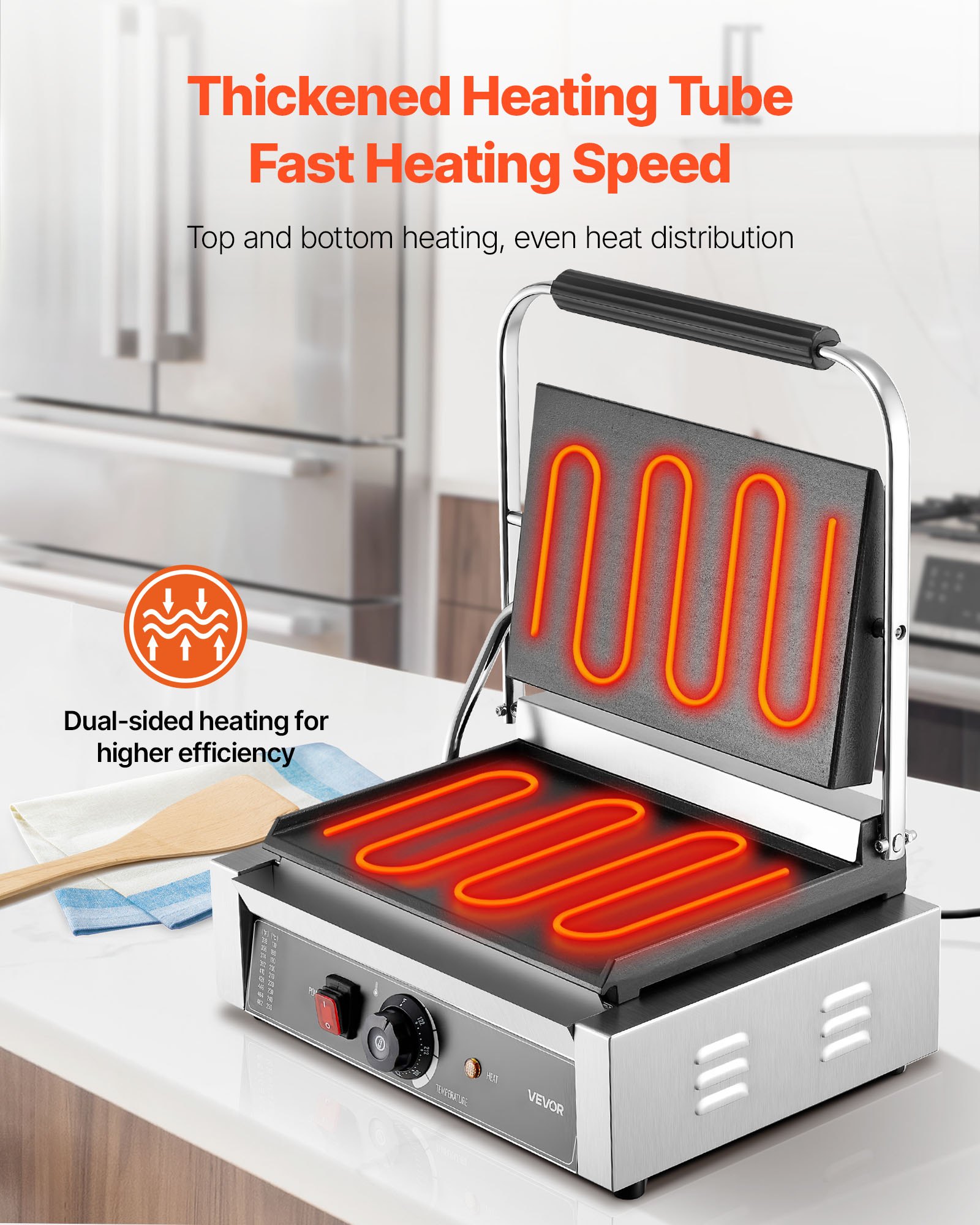 VEVOR Commercial Panini Grill, 1800W Electric Sandwich Panini Maker, Stainless Steel Sandwichs Press Grill with Handle and Temp Control, 13.5x9.3 in Full Flat Enamel Plate, for Hamburger Steak Bacon