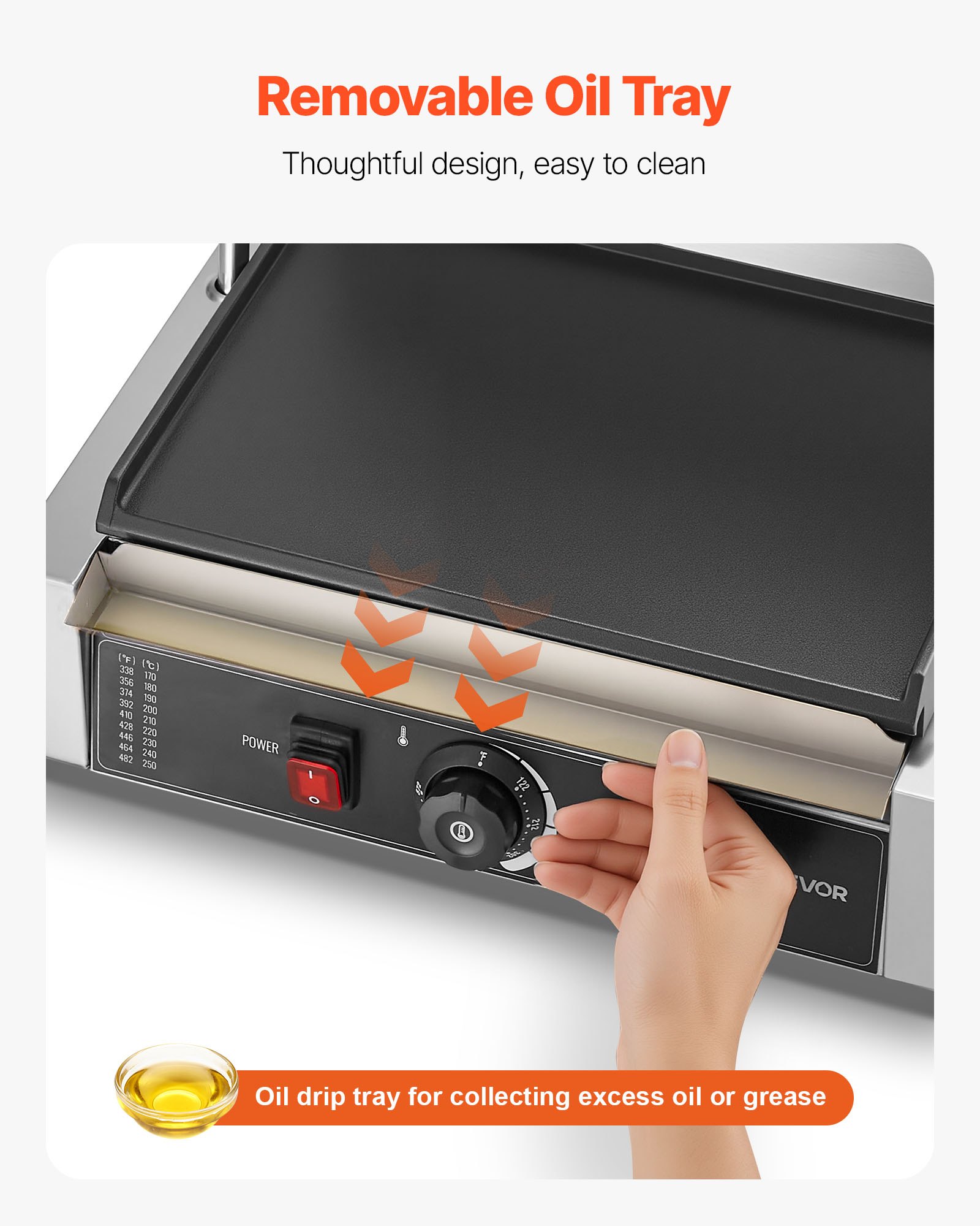 VEVOR Commercial Panini Grill, 1800W Electric Sandwich Panini Maker, Stainless Steel Sandwichs Press Grill with Handle and Temp Control, 13.5x9.3 in Full Flat Enamel Plate, for Hamburger Steak Bacon