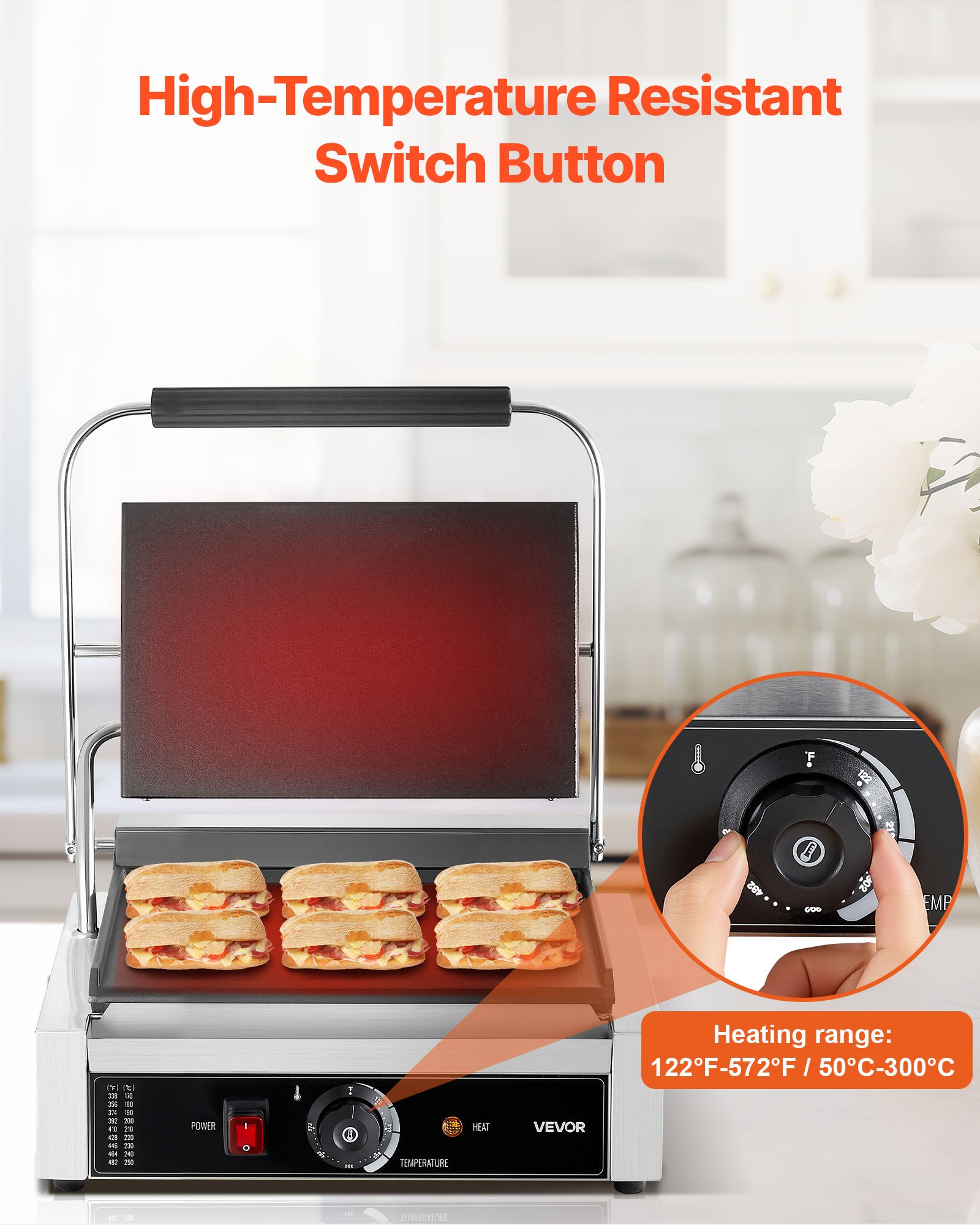 VEVOR Commercial Panini Grill, 1800W Electric Sandwich Panini Maker, Stainless Steel Sandwichs Press Grill with Handle and Temp Control, 13.5x9.3 in Full Flat Enamel Plate, for Hamburger Steak Bacon