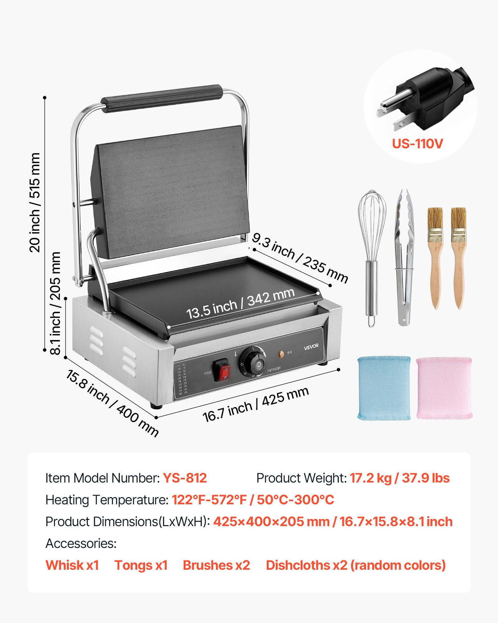 VEVOR Commercial Panini Grill, 1800W Electric Sandwich Panini Maker, Stainless Steel Sandwichs Press Grill with Handle and Temp Control, 13.5x9.3 in Full Flat Enamel Plate, for Hamburger Steak Bacon