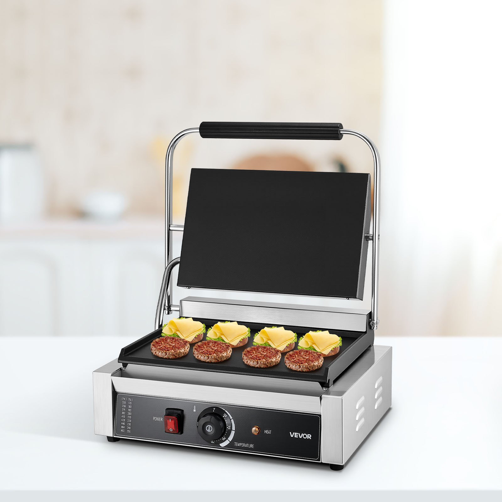 VEVOR Commercial Panini Grill, 1800W Electric Sandwich Panini Maker, Stainless Steel Sandwichs Press Grill with Handle and Temp Control, 13.5x9.3 in Full Flat Enamel Plate, for Hamburger Steak Bacon