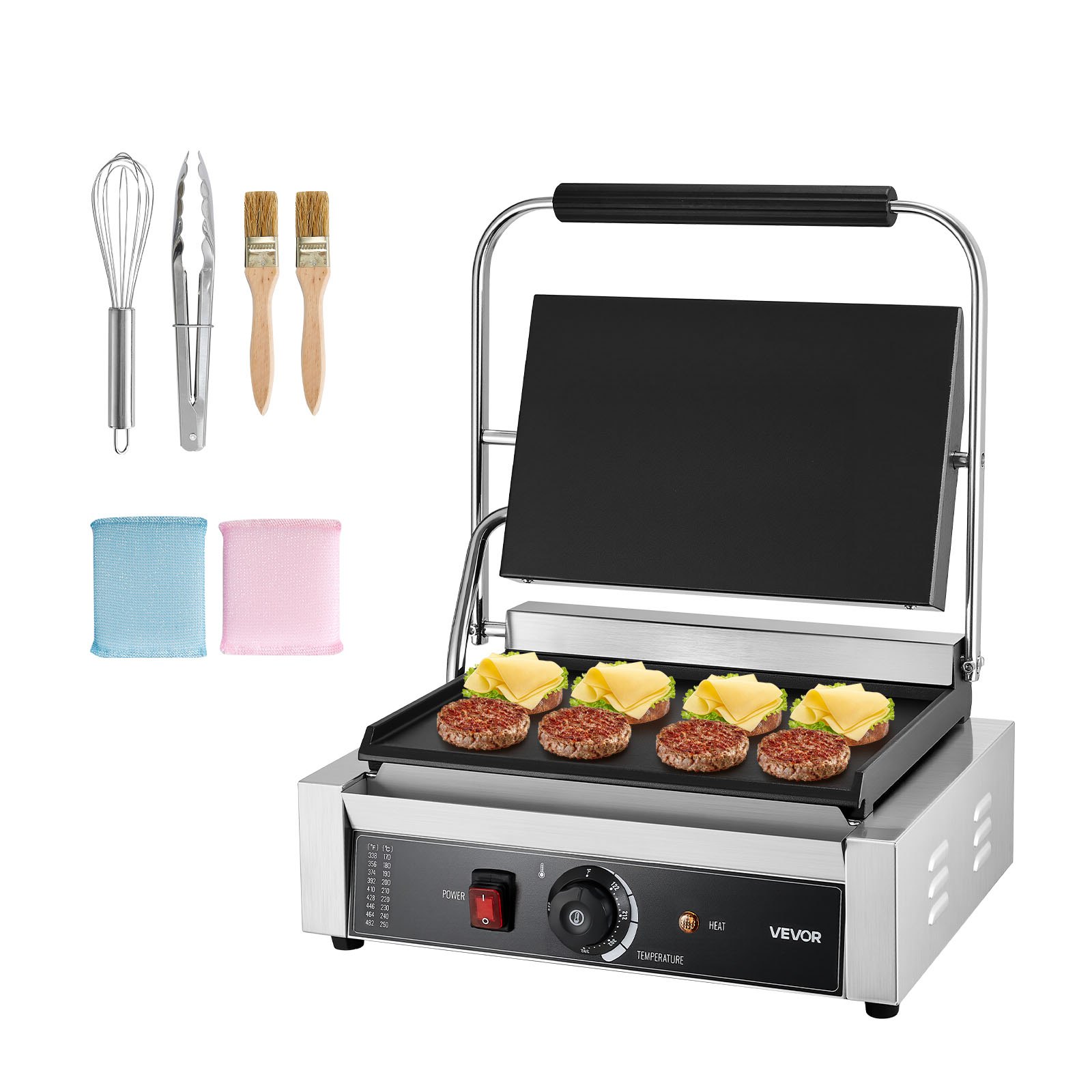 VEVOR Commercial Panini Grill, 1800W Electric Sandwich Panini Maker, Stainless Steel Sandwichs Press Grill with Handle and Temp Control, 13.5x9.3 in Full Flat Enamel Plate, for Hamburger Steak Bacon