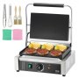 VEVOR panini press grill with hamburgers and buns, cheese, spatula, whisk, brushes, and cloths.