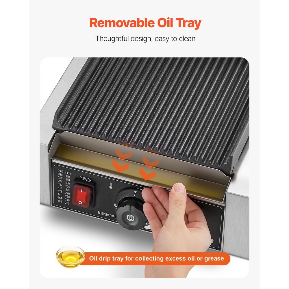 VEVOR Commercial Panini Grill, 1800W Electric Sandwich Panini Maker, Stainless Steel Sandwichs Press Grill with Handle and Temp Control, 8.8x9 in Full Grooved Enamel Plate for Hamburger Steak Bacon
