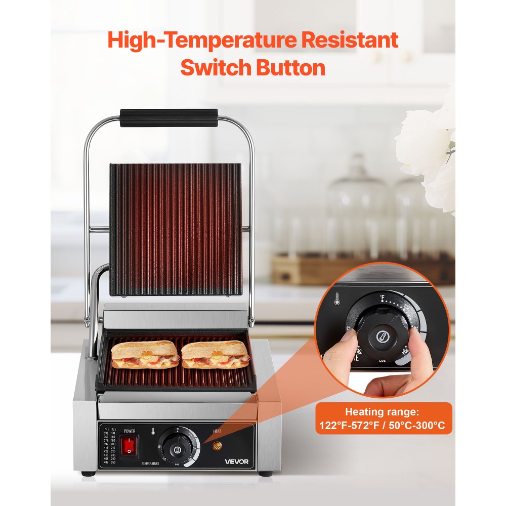 VEVOR Commercial Panini Grill, 1800W Electric Sandwich Panini Maker, Stainless Steel Sandwichs Press Grill with Handle and Temp Control, 8.8x9 in Full Grooved Enamel Plate for Hamburger Steak Bacon