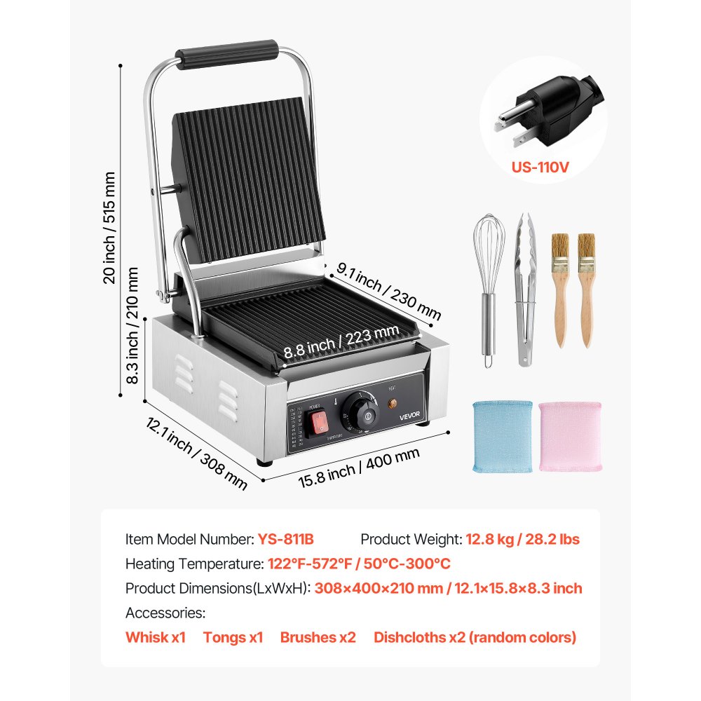 VEVOR Commercial Panini Grill, 1800W Electric Sandwich Panini Maker, Stainless Steel Sandwichs Press Grill with Handle and Temp Control, 8.8x9 in Full Grooved Enamel Plate for Hamburger Steak Bacon
