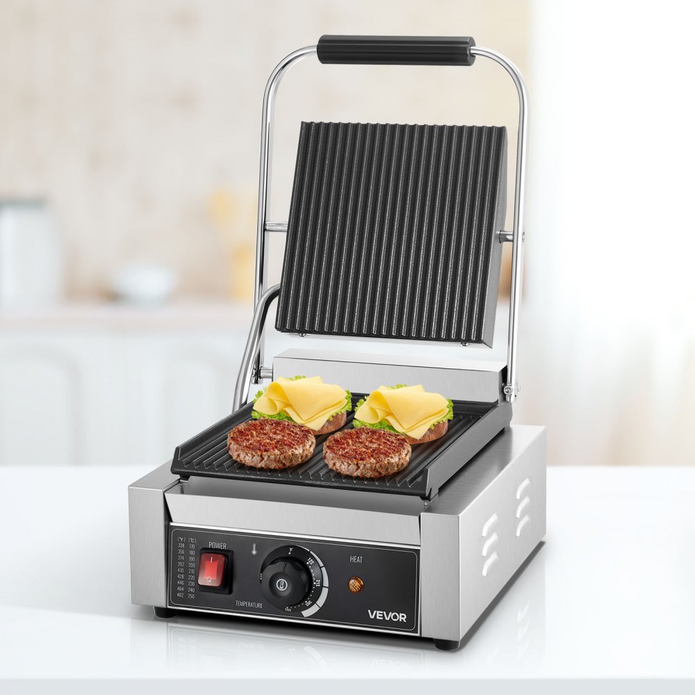 VEVOR Commercial Panini Grill, 1800W Electric Sandwich Panini Maker, Stainless Steel Sandwichs Press Grill with Handle and Temp Control, 8.8x9 in Full Grooved Enamel Plate for Hamburger Steak Bacon