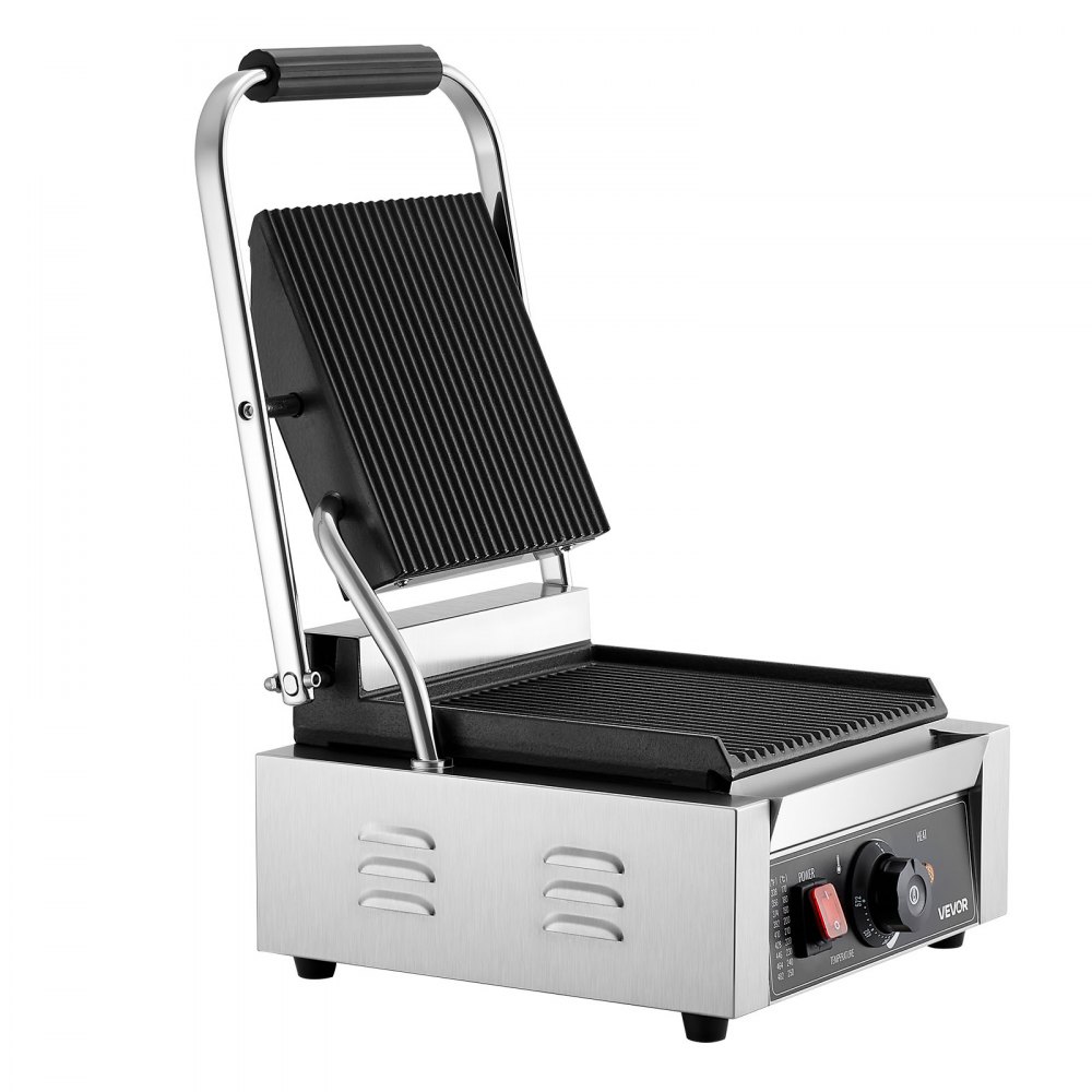 VEVOR Commercial Panini Grill, 1800W Electric Sandwich Panini Maker, Stainless Steel Sandwichs Press Grill with Handle and Temp Control, 8.8x9 in Full Grooved Enamel Plate for Hamburger Steak Bacon