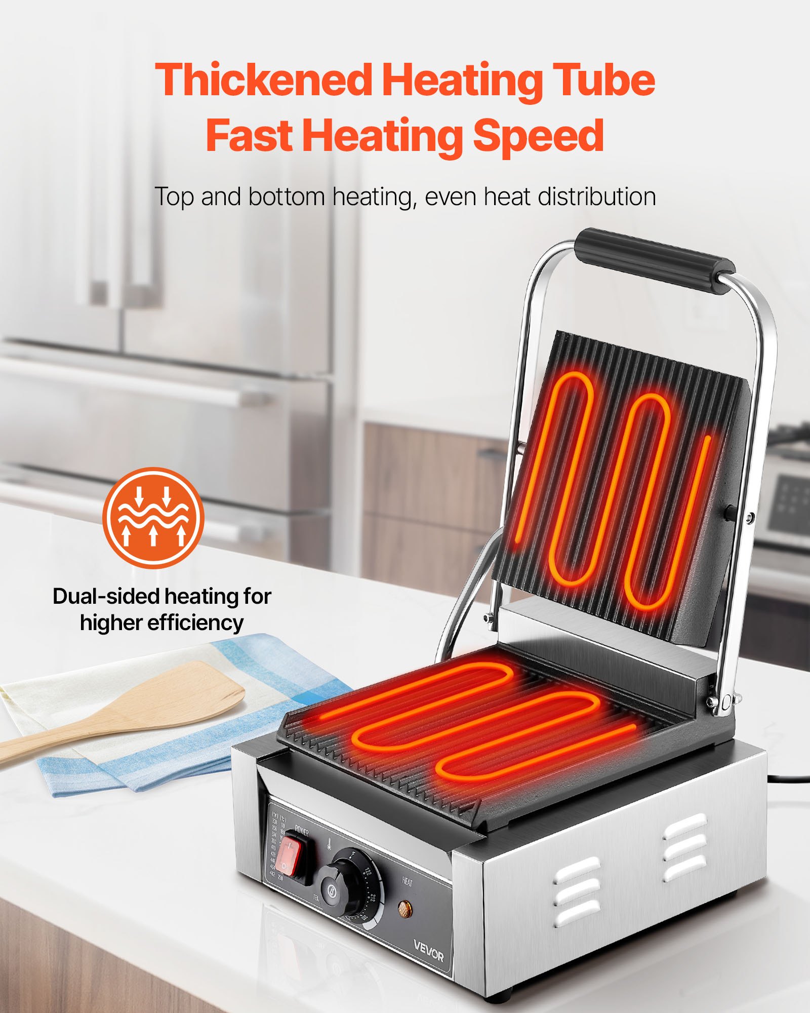 VEVOR Commercial Panini Grill, 1800W Electric Sandwich Panini Maker, Stainless Steel Sandwichs Press Grill with Handle and Temp Control, 8.8x9 in Full Grooved Enamel Plate for Hamburger Steak Bacon