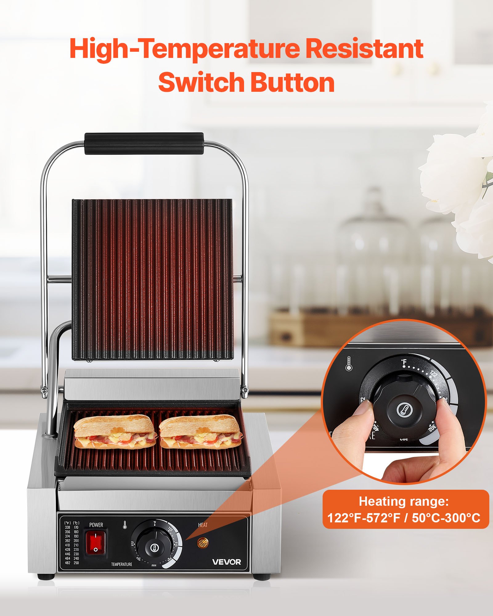 VEVOR Commercial Panini Grill, 1800W Electric Sandwich Panini Maker, Stainless Steel Sandwichs Press Grill with Handle and Temp Control, 8.8x9 in Full Grooved Enamel Plate for Hamburger Steak Bacon
