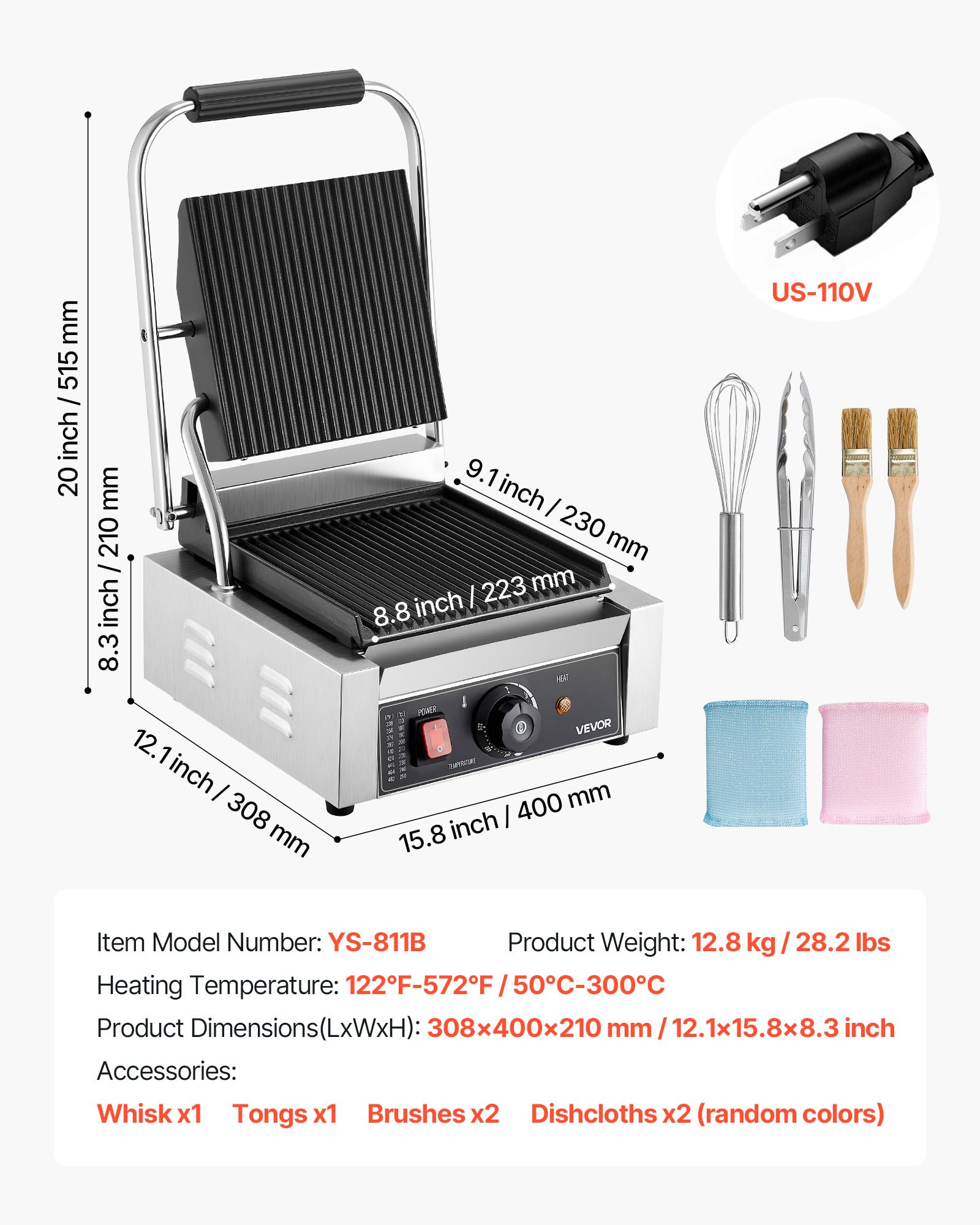 VEVOR Commercial Panini Grill, 1800W Electric Sandwich Panini Maker, Stainless Steel Sandwichs Press Grill with Handle and Temp Control, 8.8x9 in Full Grooved Enamel Plate for Hamburger Steak Bacon