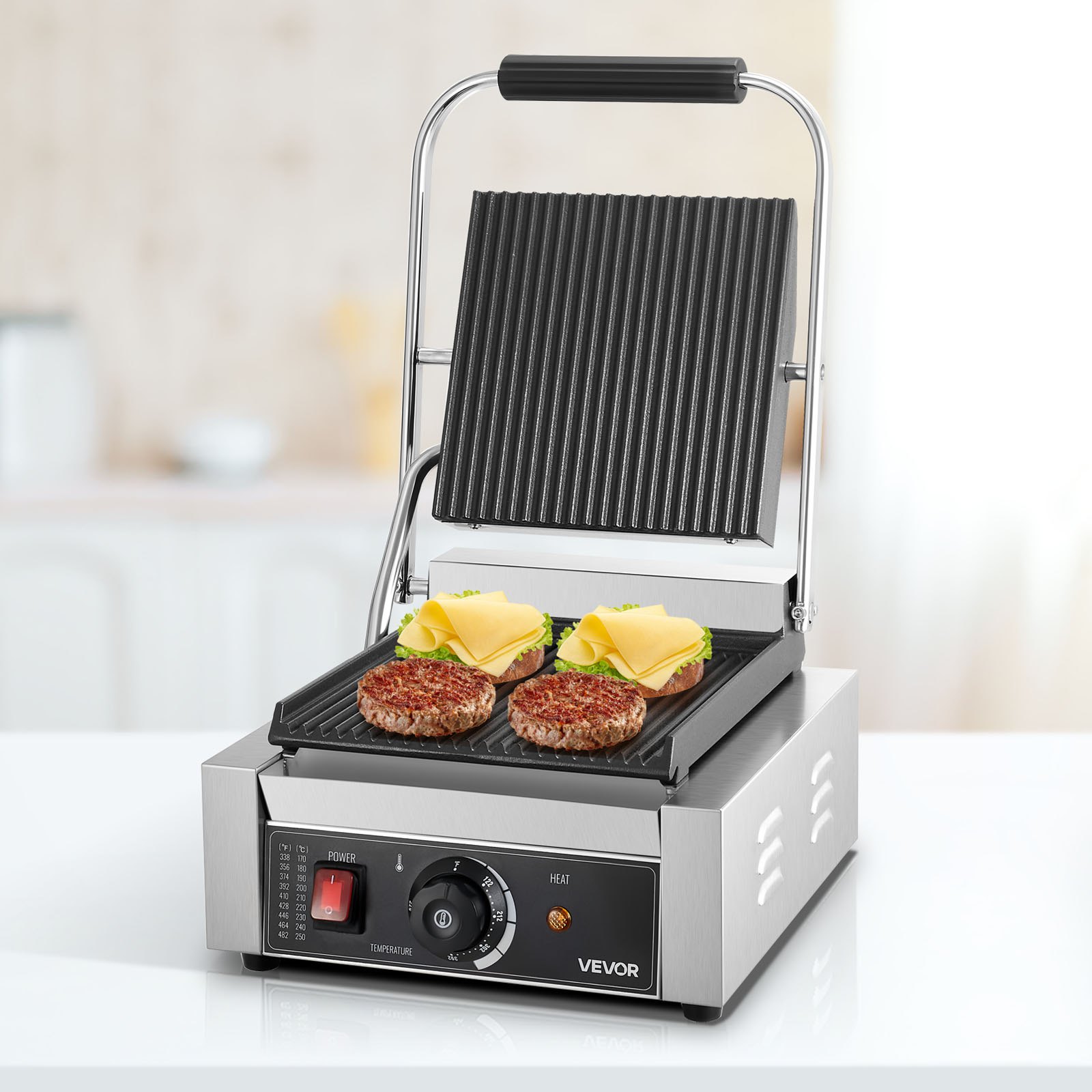VEVOR Commercial Panini Grill, 1800W Electric Sandwich Panini Maker, Stainless Steel Sandwichs Press Grill with Handle and Temp Control, 8.8x9 in Full Grooved Enamel Plate for Hamburger Steak Bacon