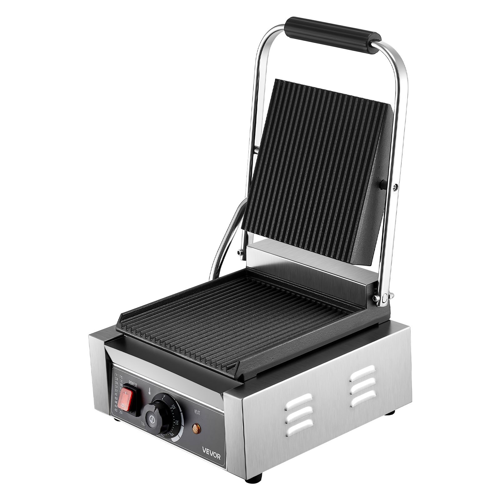 VEVOR Commercial Panini Grill, 1800W Electric Sandwich Panini Maker, Stainless Steel Sandwichs Press Grill with Handle and Temp Control, 8.8x9 in Full Grooved Enamel Plate for Hamburger Steak Bacon