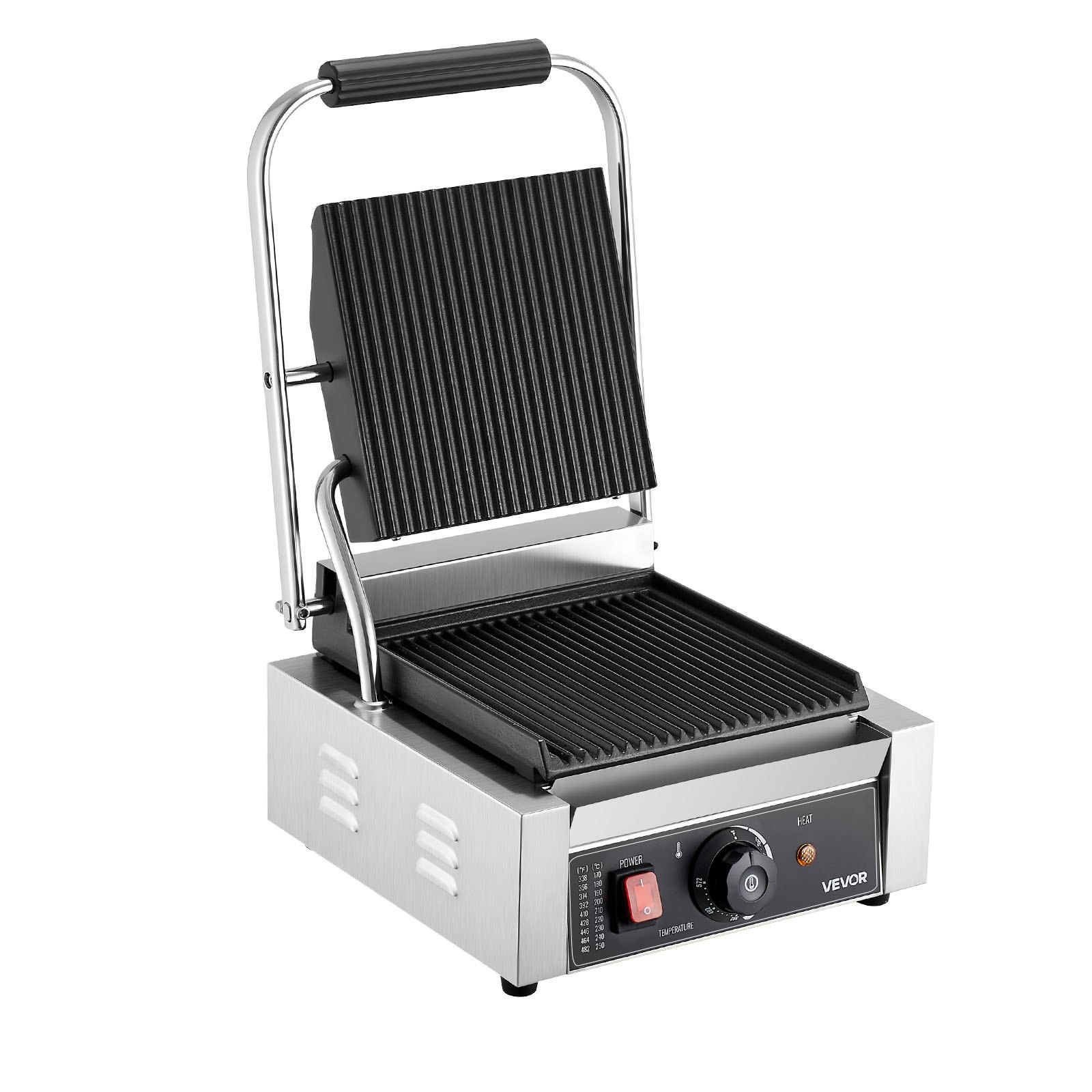 VEVOR Commercial Panini Grill, 1800W Electric Sandwich Panini Maker, Stainless Steel Sandwichs Press Grill with Handle and Temp Control, 8.8x9 in Full Grooved Enamel Plate for Hamburger Steak Bacon