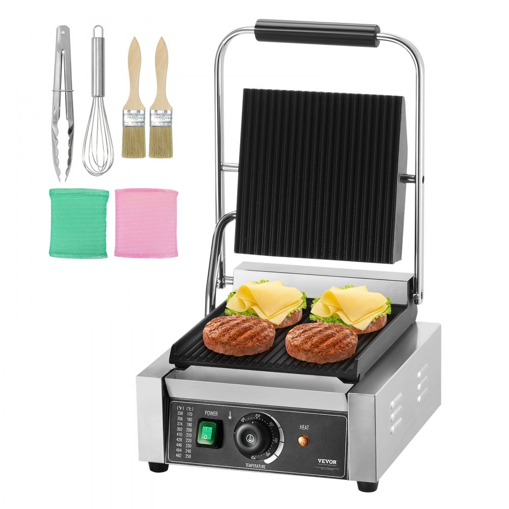 VEVOR panini press with accessories and two burgers topped with cheese and lettuce on grill.