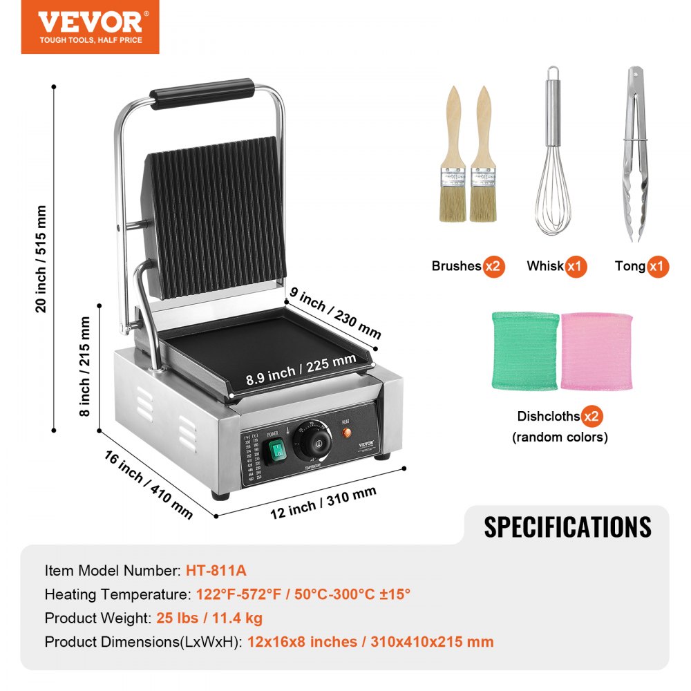 VEVOR Commercial Panini Grill, 1800W Electric Sandwich Panini Maker, Stainless Steel Sandwich Press Grill, Panini Grill with Temp Control & 9"x9" Flat Enamel Plate, for Hamburger Steak Bacon