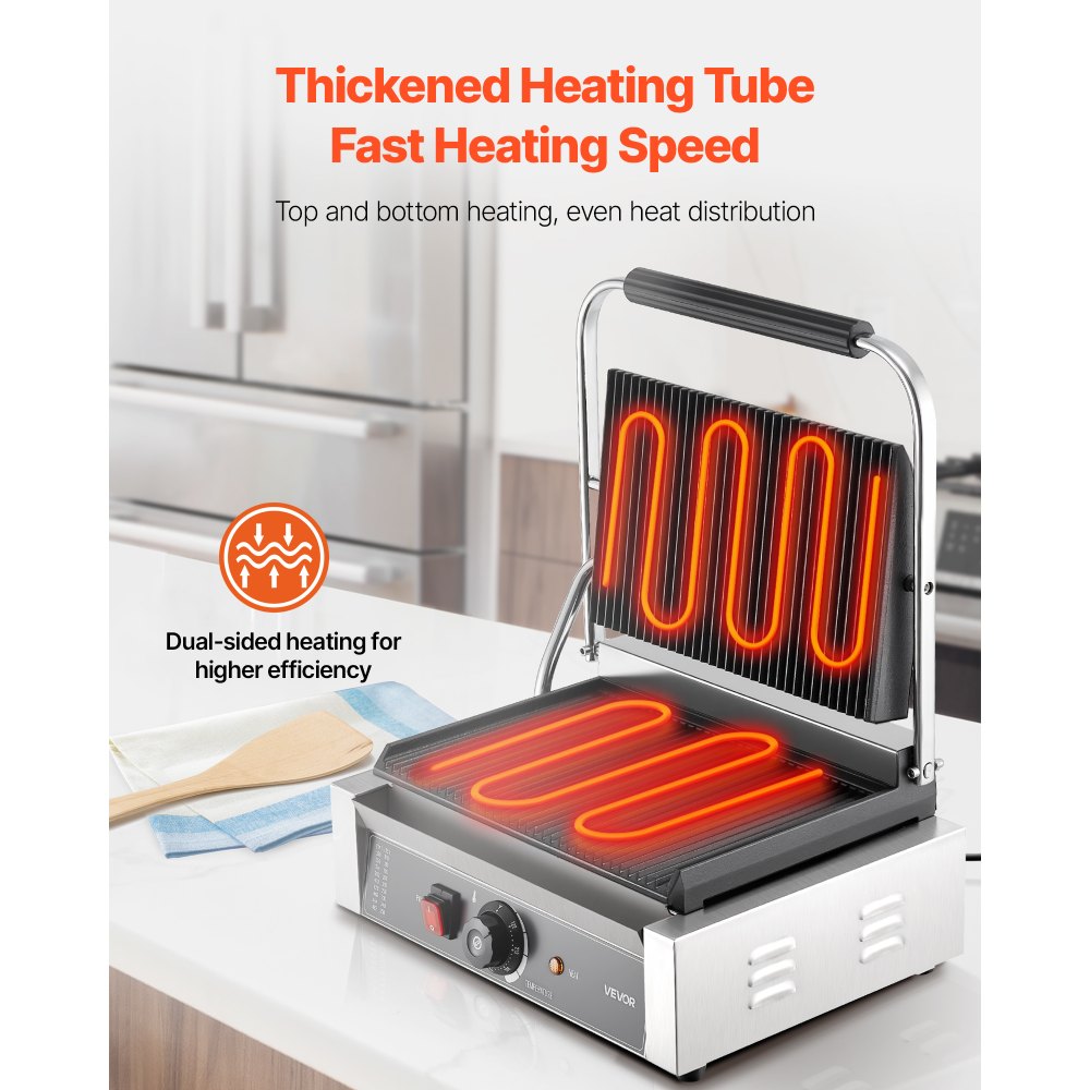 VEVOR Commercial Panini Grill, 1800W Electric Sandwich Panini Maker, Stainless Steel Sandwichs Press with Handle and Temp Control, 13.5x9.3 in Full Grooved Enamel Plate, for Hamburger Steak Bacon