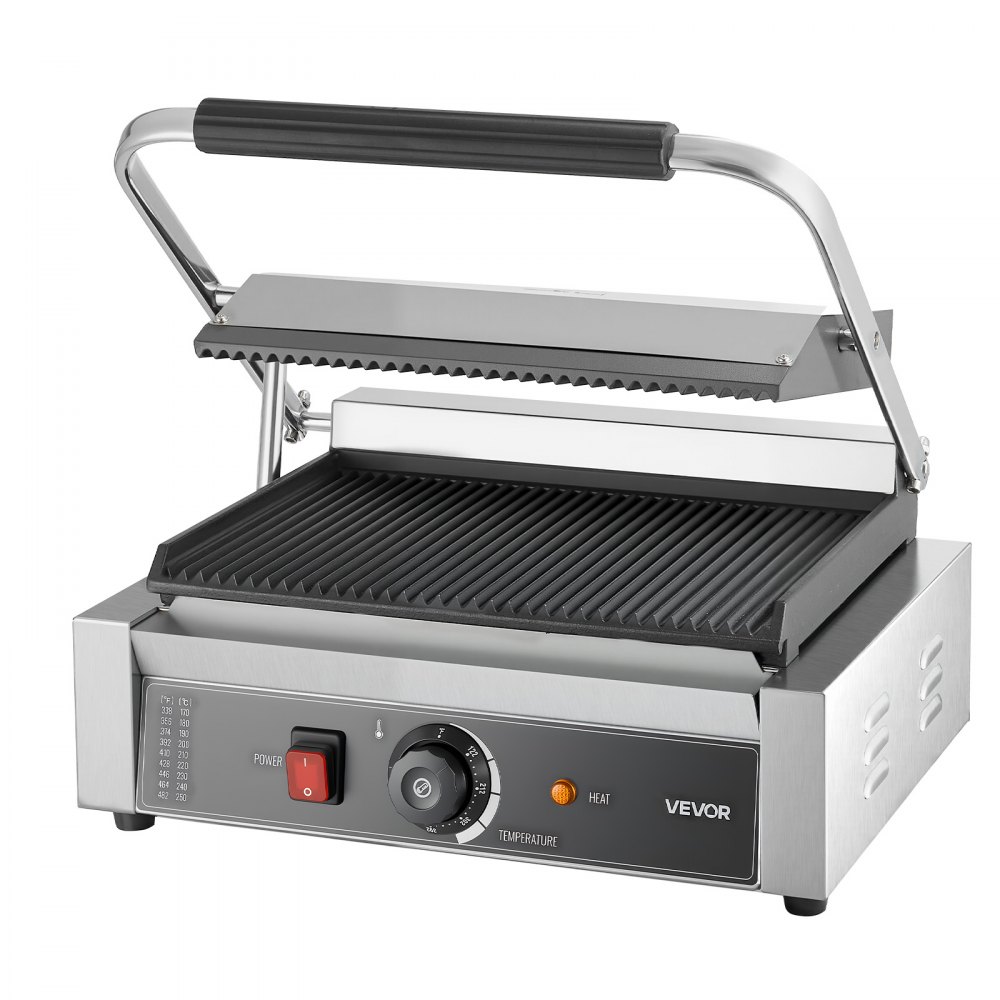 VEVOR Commercial Panini Grill, 1800W Electric Sandwich Panini Maker, Stainless Steel Sandwichs Press with Handle and Temp Control, 13.5x9.3 in Full Grooved Enamel Plate, for Hamburger Steak Bacon