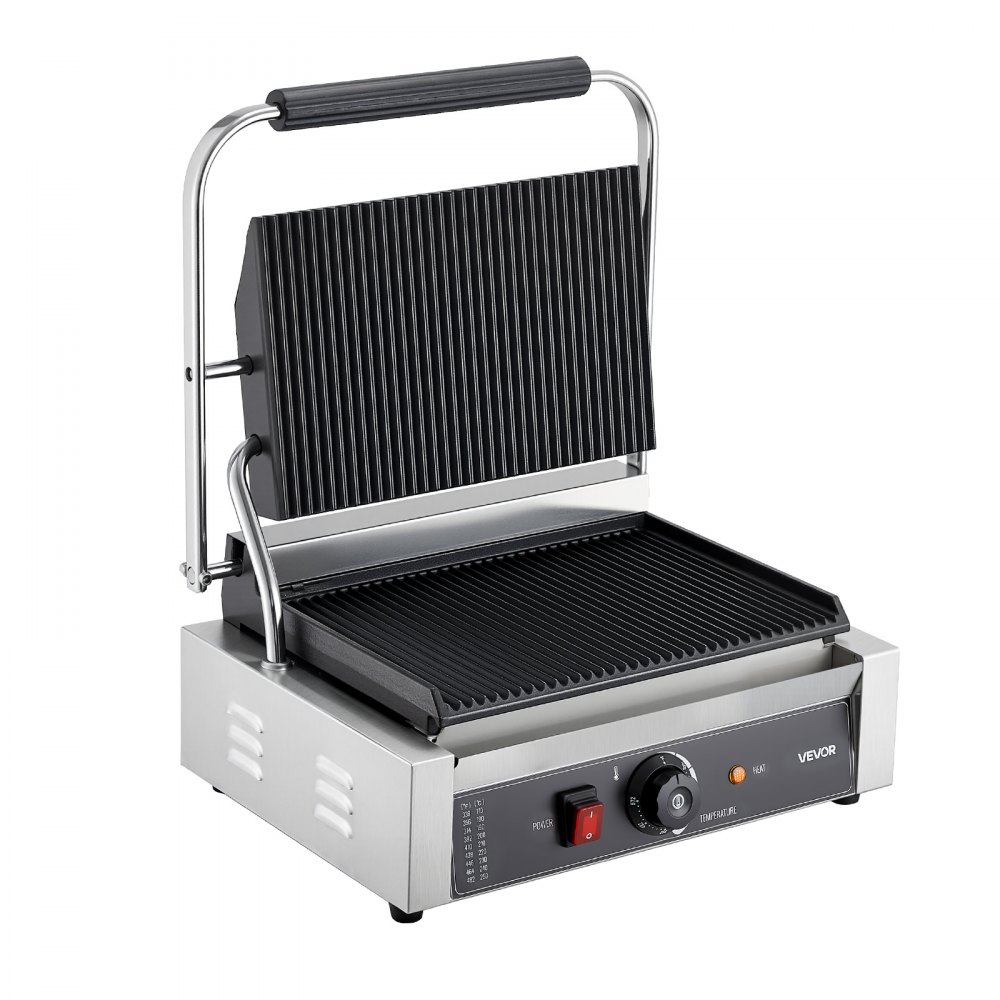 VEVOR Commercial Panini Grill, 1800W Electric Sandwich Panini Maker, Stainless Steel Sandwichs Press with Handle and Temp Control, 13.5x9.3 in Full Grooved Enamel Plate, for Hamburger Steak Bacon