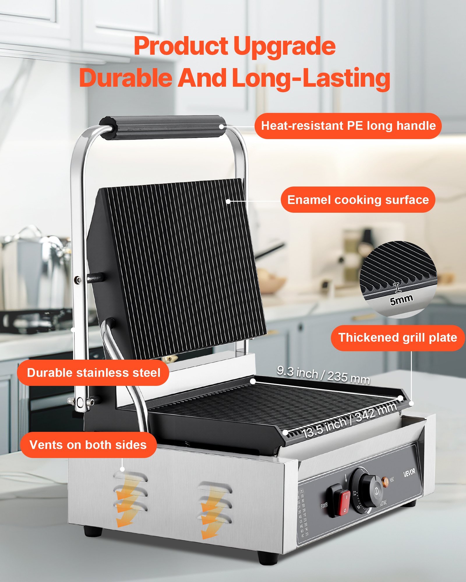 VEVOR Commercial Panini Grill, 1800W Electric Sandwich Panini Maker, Stainless Steel Sandwichs Press with Handle and Temp Control, 13.5x9.3 in Full Grooved Enamel Plate, for Hamburger Steak Bacon