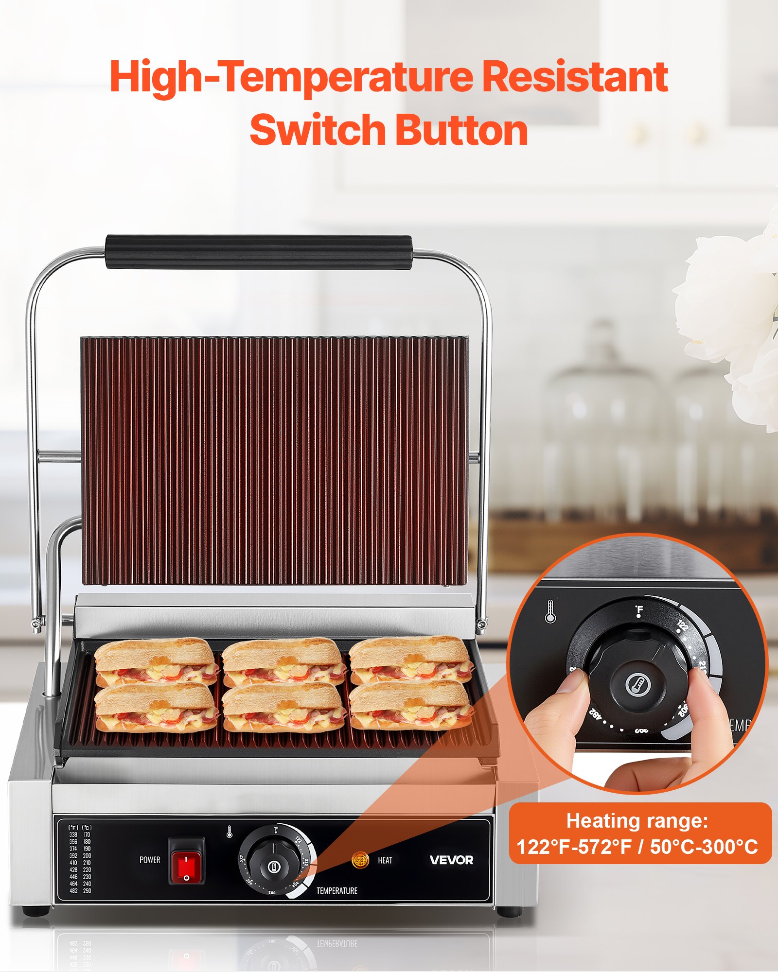 VEVOR Commercial Panini Grill, 1800W Electric Sandwich Panini Maker, Stainless Steel Sandwichs Press with Handle and Temp Control, 13.5x9.3 in Full Grooved Enamel Plate, for Hamburger Steak Bacon