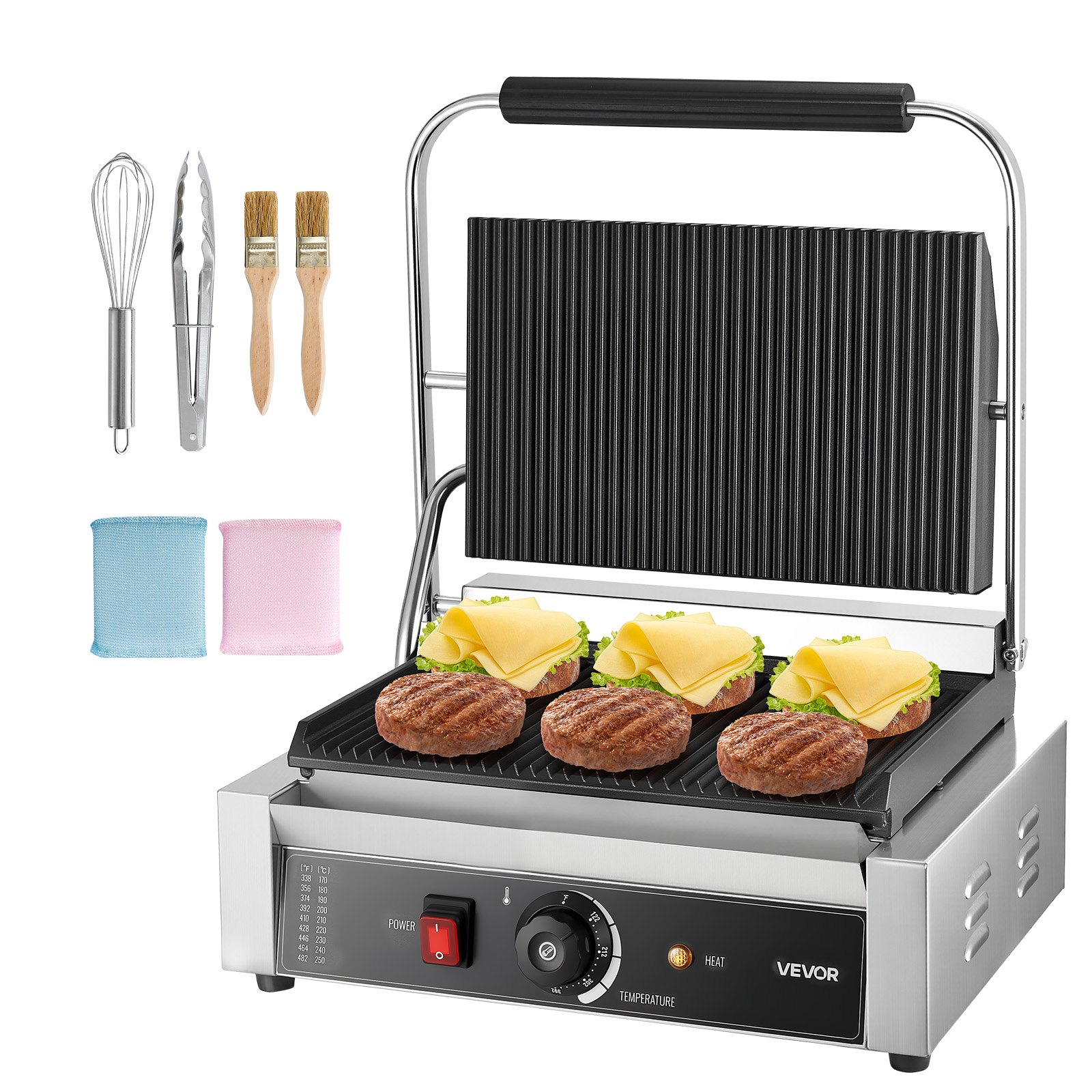 VEVOR Commercial Panini Grill, 1800W Electric Sandwich Panini Maker, Stainless Steel Sandwichs Press with Handle and Temp Control, 13.5x9.3 in Full Grooved Enamel Plate, for Hamburger Steak Bacon