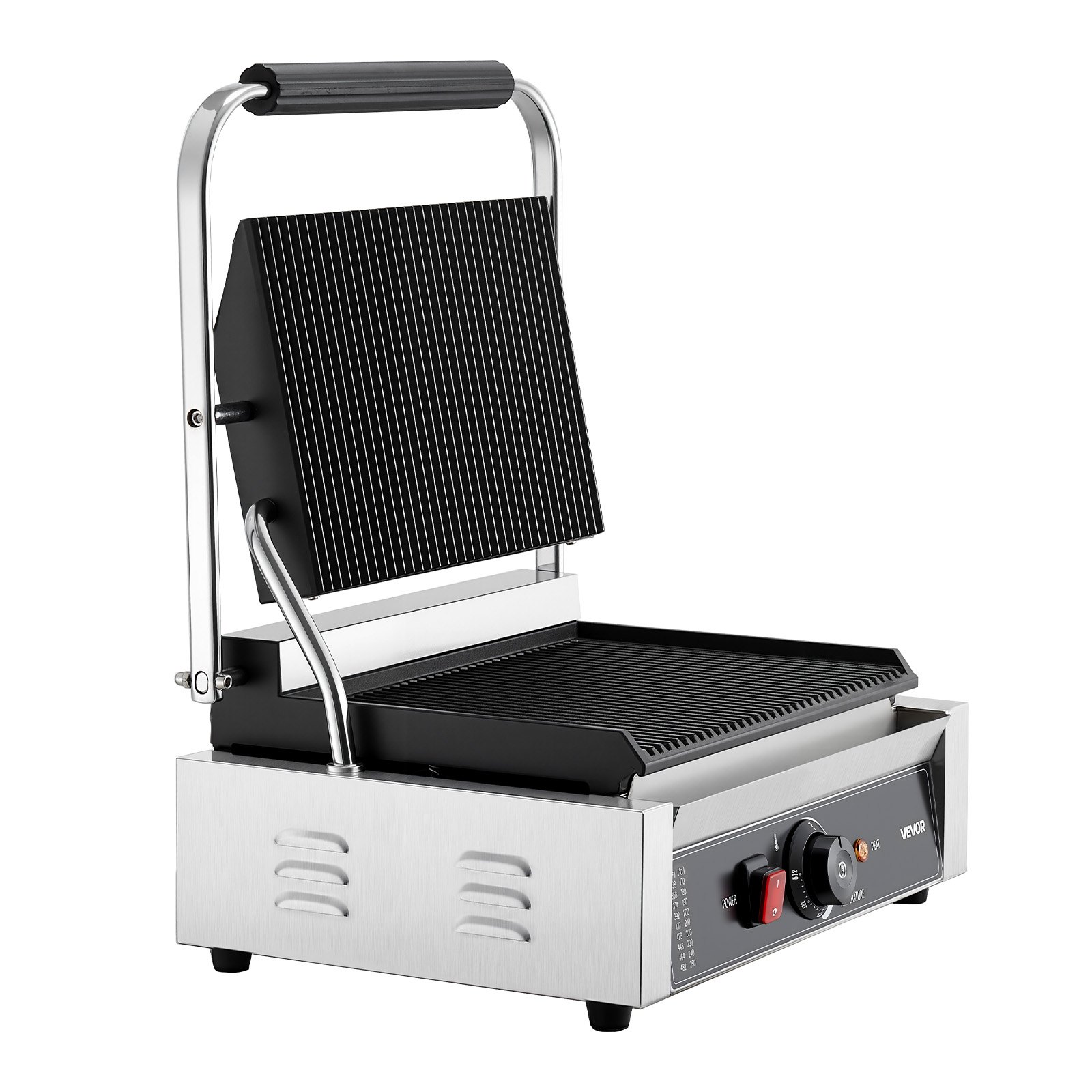 VEVOR Commercial Panini Grill, 1800W Electric Sandwich Panini Maker, Stainless Steel Sandwichs Press with Handle and Temp Control, 13.5x9.3 in Full Grooved Enamel Plate, for Hamburger Steak Bacon