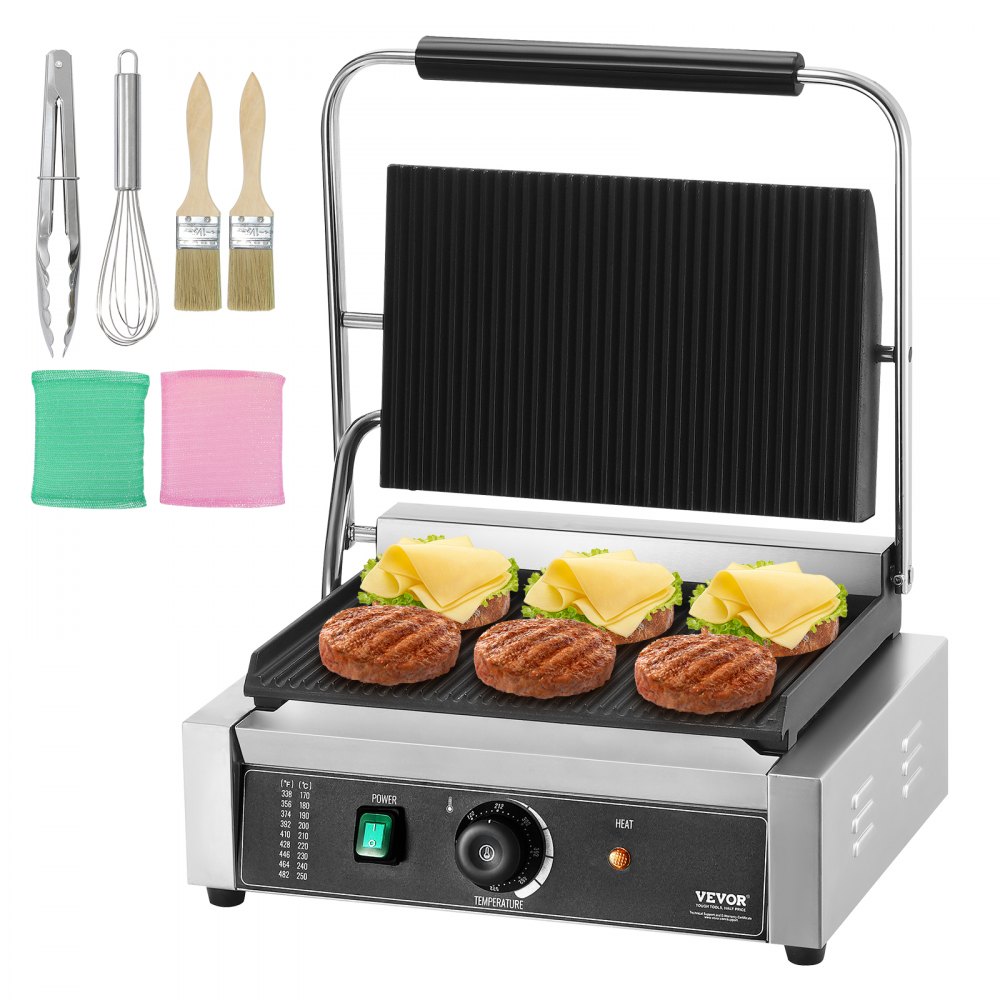 VEVOR panini press grilling burgers with cheese, includes tongs, whisk, brushes, and cleaning cloths.