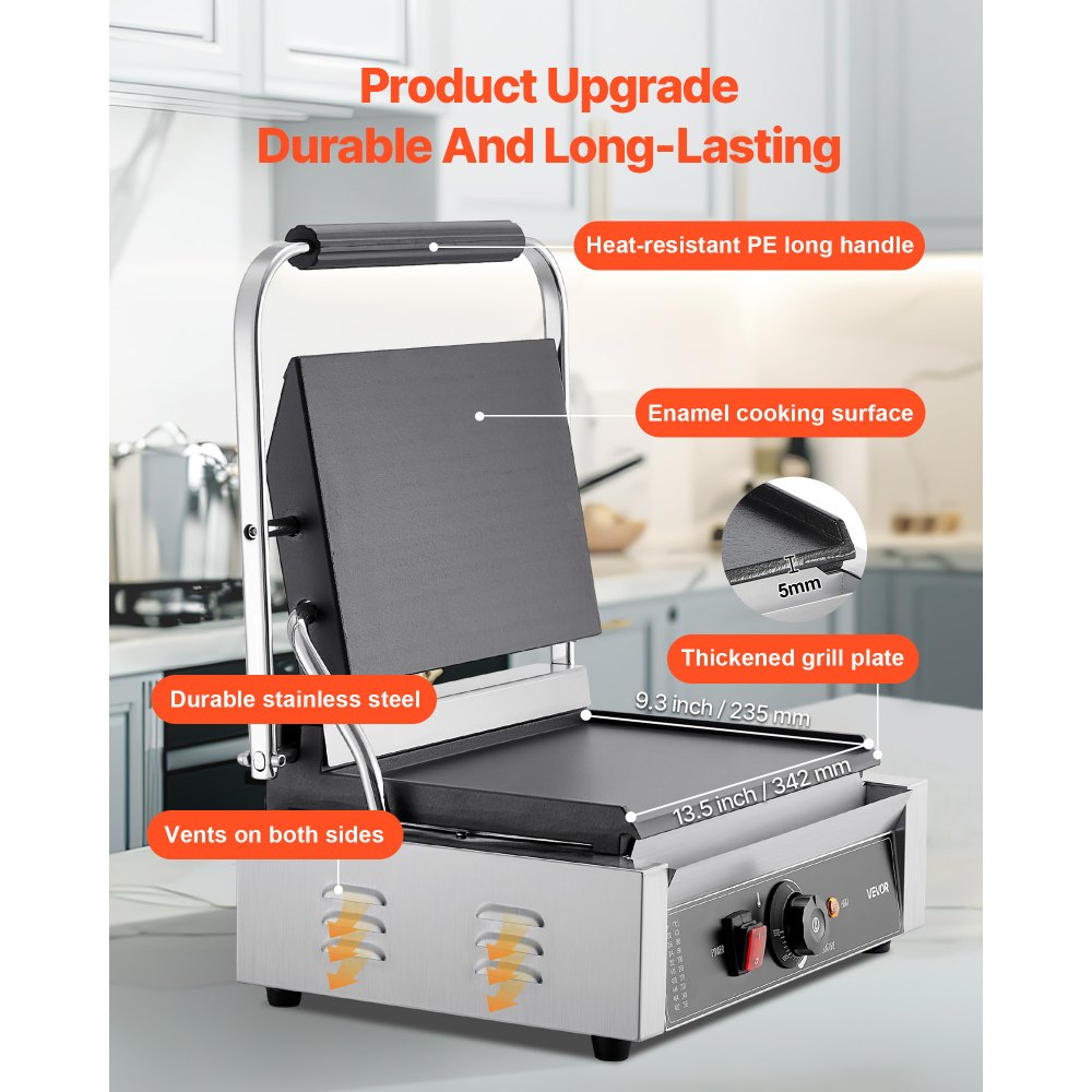 VEVOR Commercial Panini Grill, 2200W Electric Sandwich Panini Maker, Stainless Steel Sandwichs Press Grill with Handle and Temp Control, 34x23 cm Full Flat Enamel Plate, for Hamburger Steak Bacon