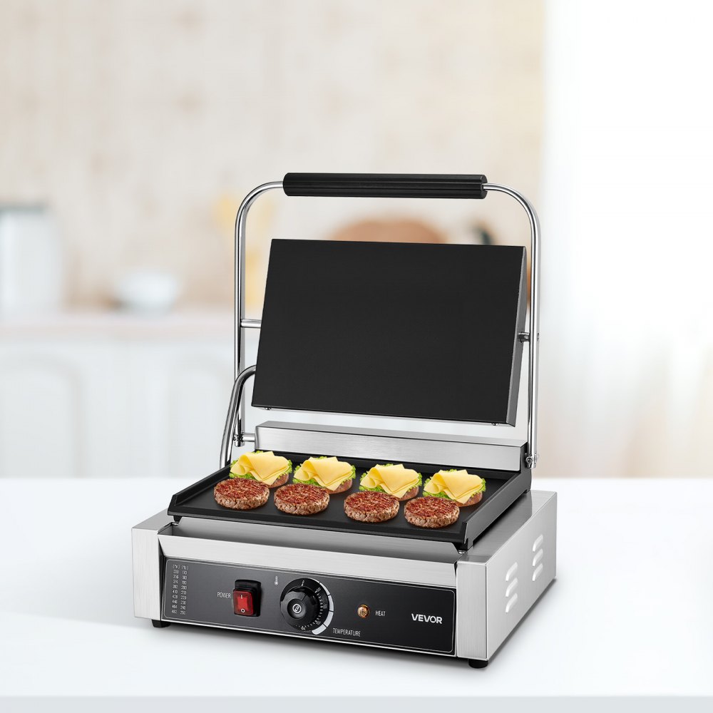 VEVOR Commercial Panini Grill, 2200W Electric Sandwich Panini Maker, Stainless Steel Sandwichs Press Grill with Handle and Temp Control, 34x23 cm Full Flat Enamel Plate, for Hamburger Steak Bacon