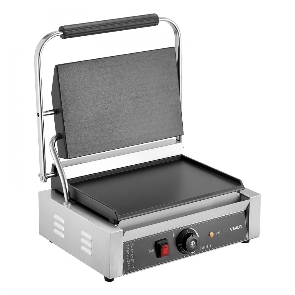 VEVOR Commercial Panini Grill, 2200W Electric Sandwich Panini Maker, Stainless Steel Sandwichs Press Grill with Handle and Temp Control, 34x23 cm Full Flat Enamel Plate, for Hamburger Steak Bacon
